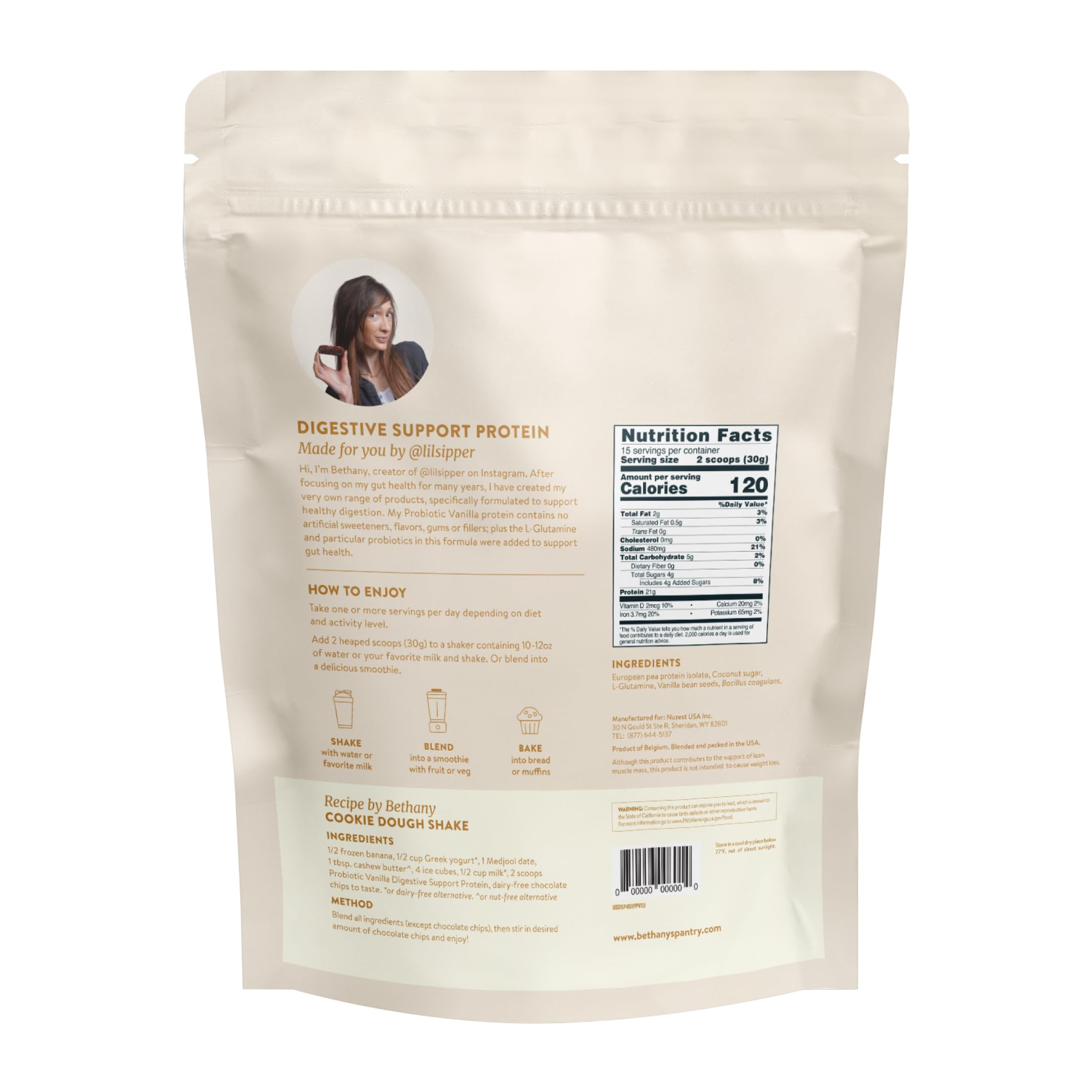 Nuzest Bethany's Pantry Digestive Support Protein Powder - Vegan Pea Protein with Probiotics for Gut Health - Clean Lean Plant-Based Protein - 20 Servings, 1 Pound (Vanilla) - Perfect for Smoothies, Baking & Post-Workout Recovery