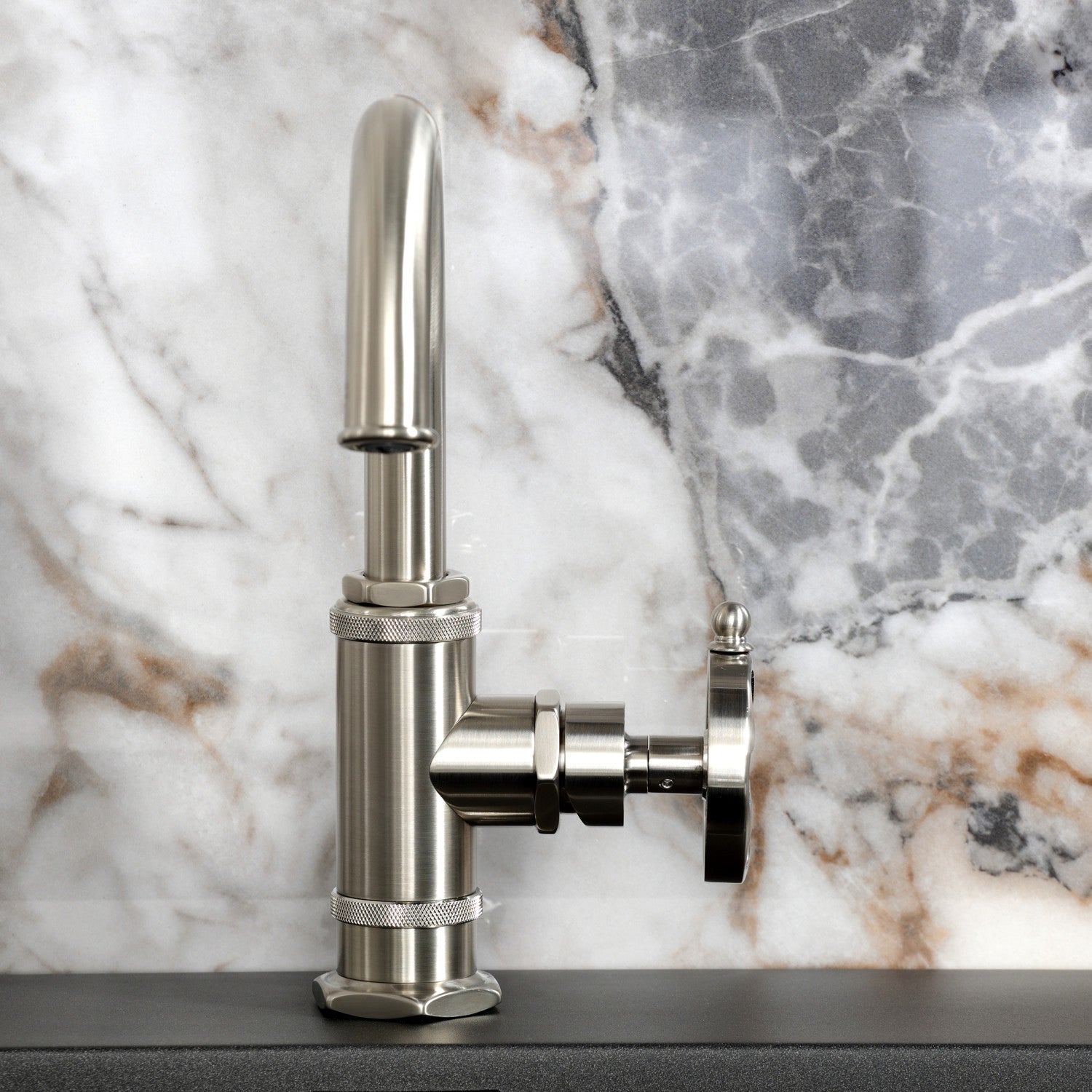 Belknap KSD2218RX Single Handle 1-Hole Bathroom Sink Faucet with Deck Plate & Push Pop-Up Drain, Brushed Nickel Finish - Perfect for Modern Bathroom Vanities and Powder Rooms