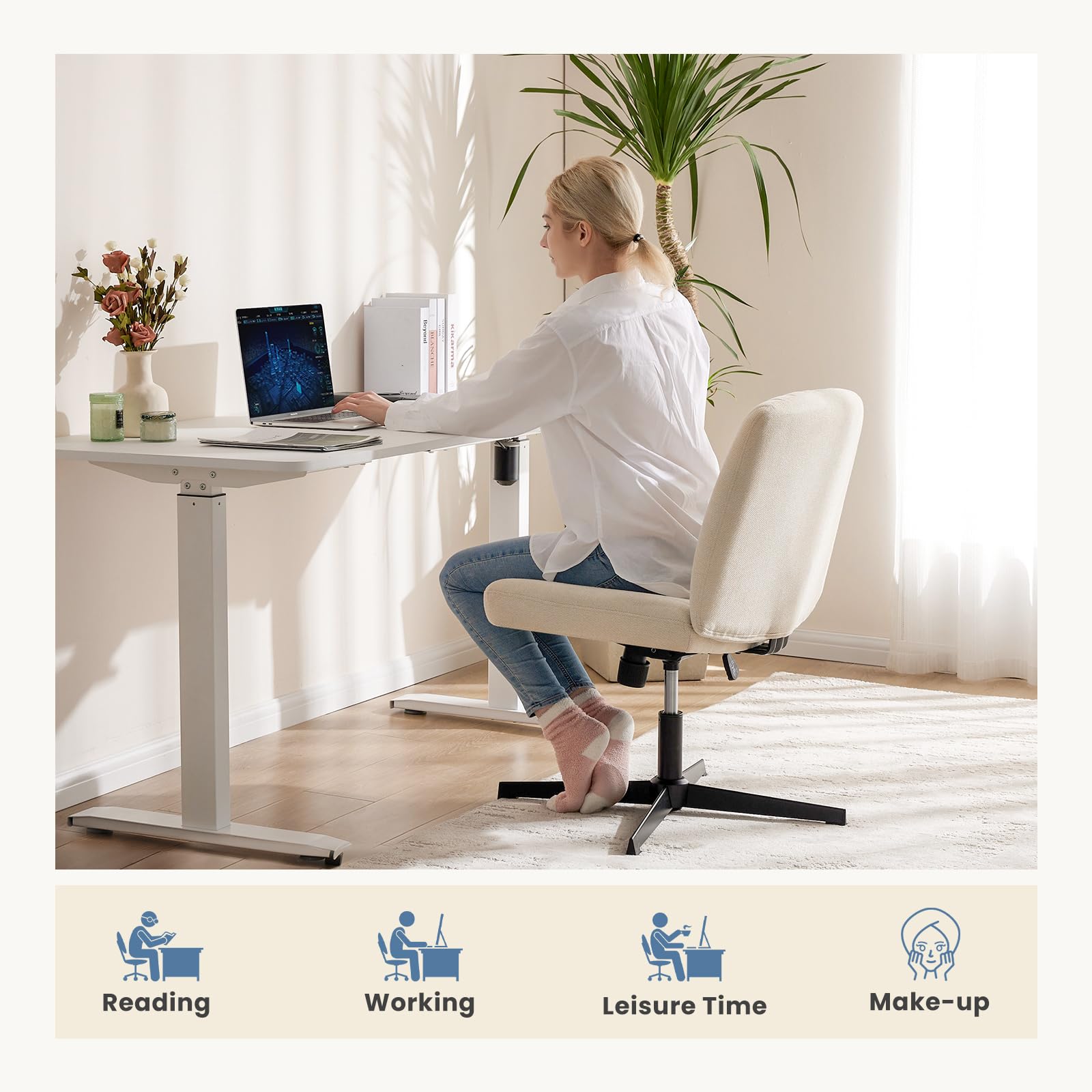 DUMOS Cross Legged Office Chair - Armless Wide Home Desk Seat No Wheels, Modern Swivel Adjustable Fabric Chair for Bedroom & Office - Perfect for Meditation, Reading & Small Space Workstations