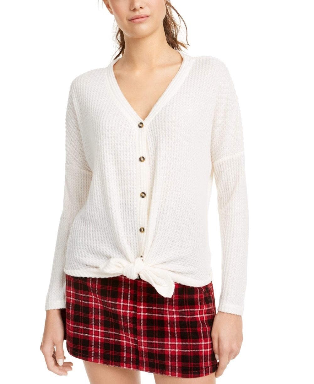 Ultra Flirt Junior's Waffle Knit Tie Front Top - White, Size Medium | Cute Casual Shirt for Teens, Girls & Women | Perfect for School, Dates & Everyday Wear