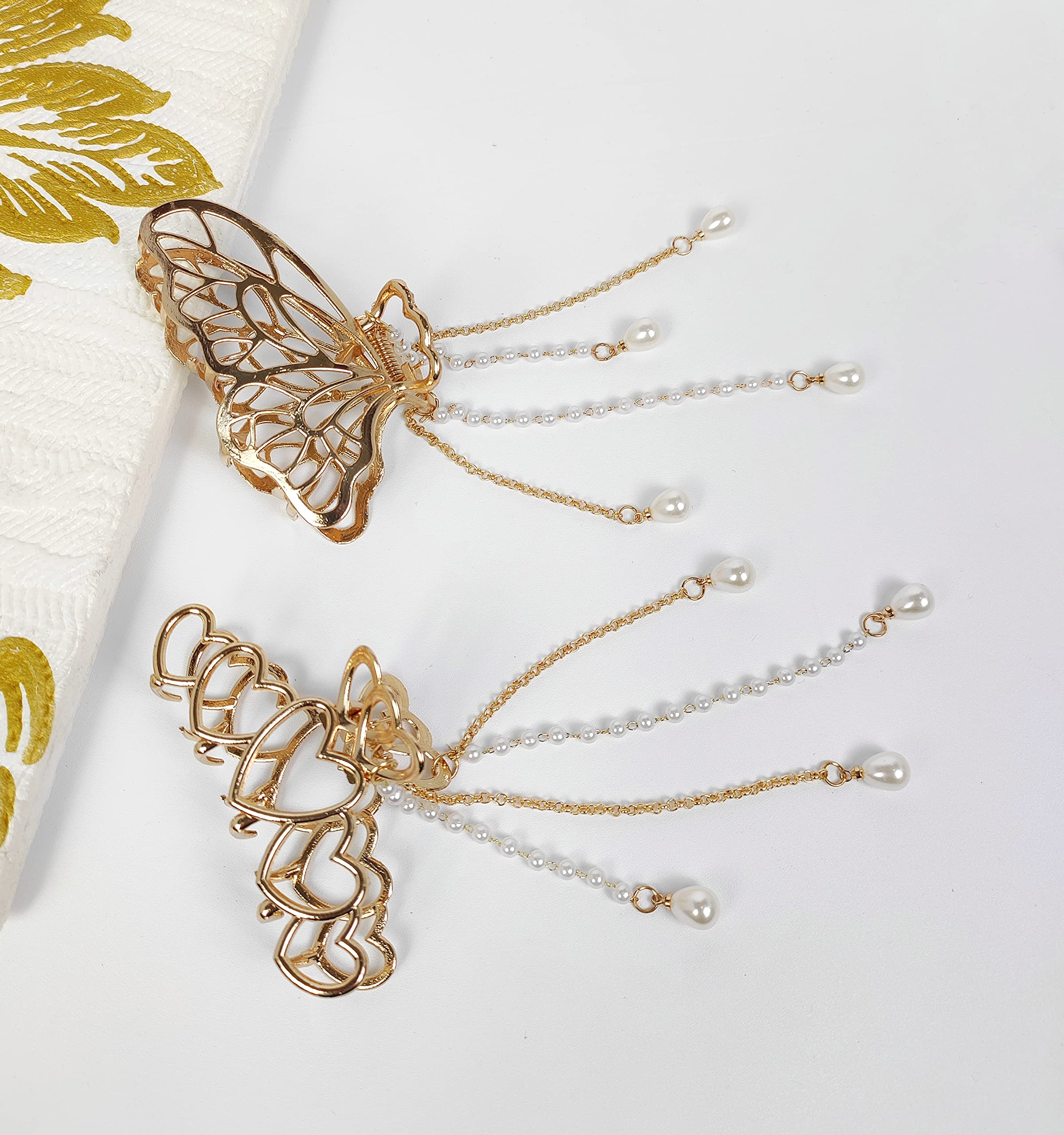 Korean Style Pearl Metal Hair Claw Clip - Golden Heart Hair Clutch with Tassel (2 Pack) | Elegant Hair Accessories for Women & Girls | Perfect for Parties, Weddings & Daily Styling