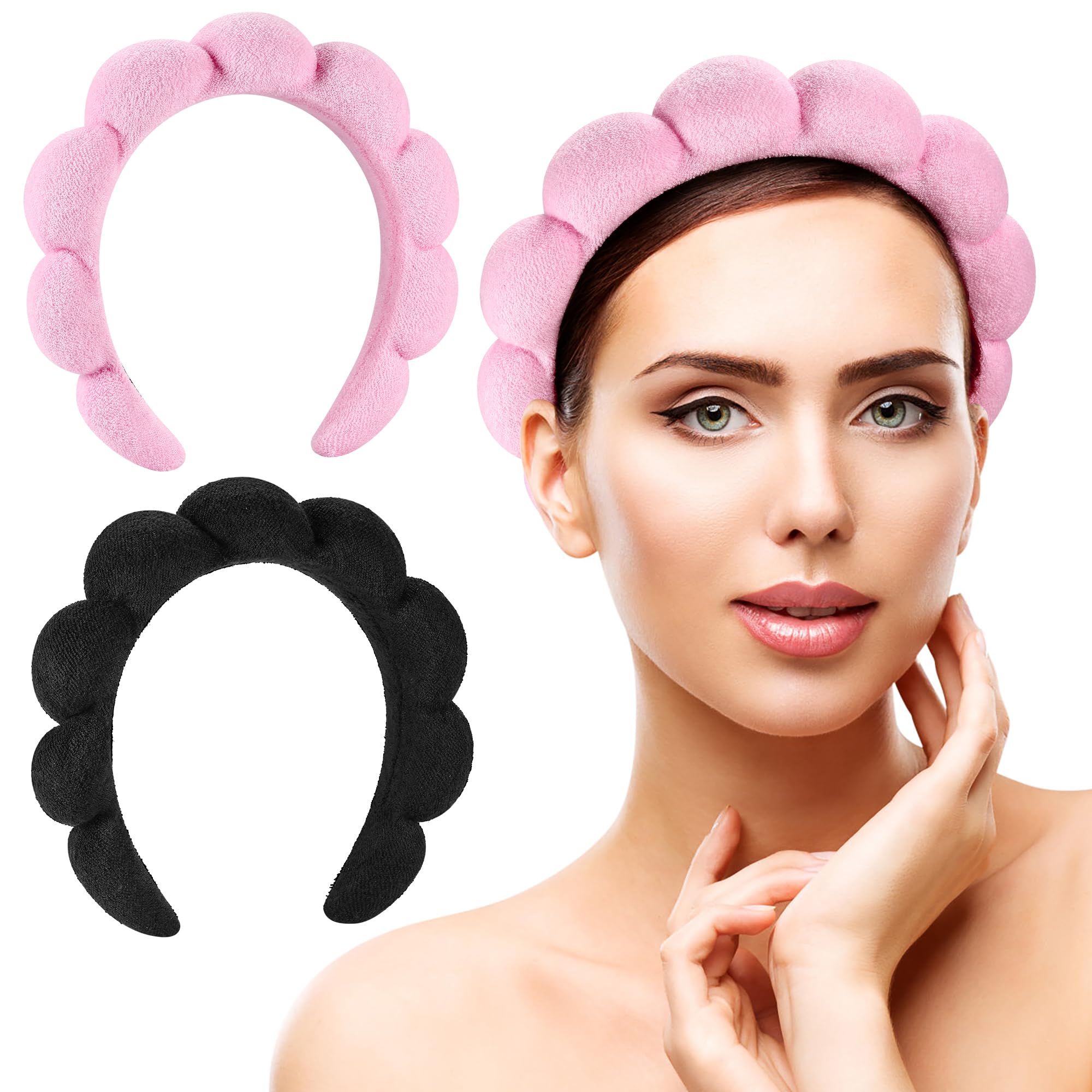 **Spa Headbands for Face Washing & Skincare - 2 Pack Terry Cloth Headbands for Makeup Removal, Facial Masks & Skin Treatments (Black & Pink) - Perfect for Spa Days, At-Home Skincare Routines & Relaxation**