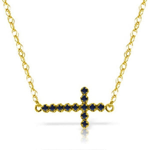 0.3 Carat 14K Solid Yellow Gold Horizontal Cross Sapphire Necklace for Women - Elegant Religious Jewelry Gift for Christmas, Baptism & Everyday Wear