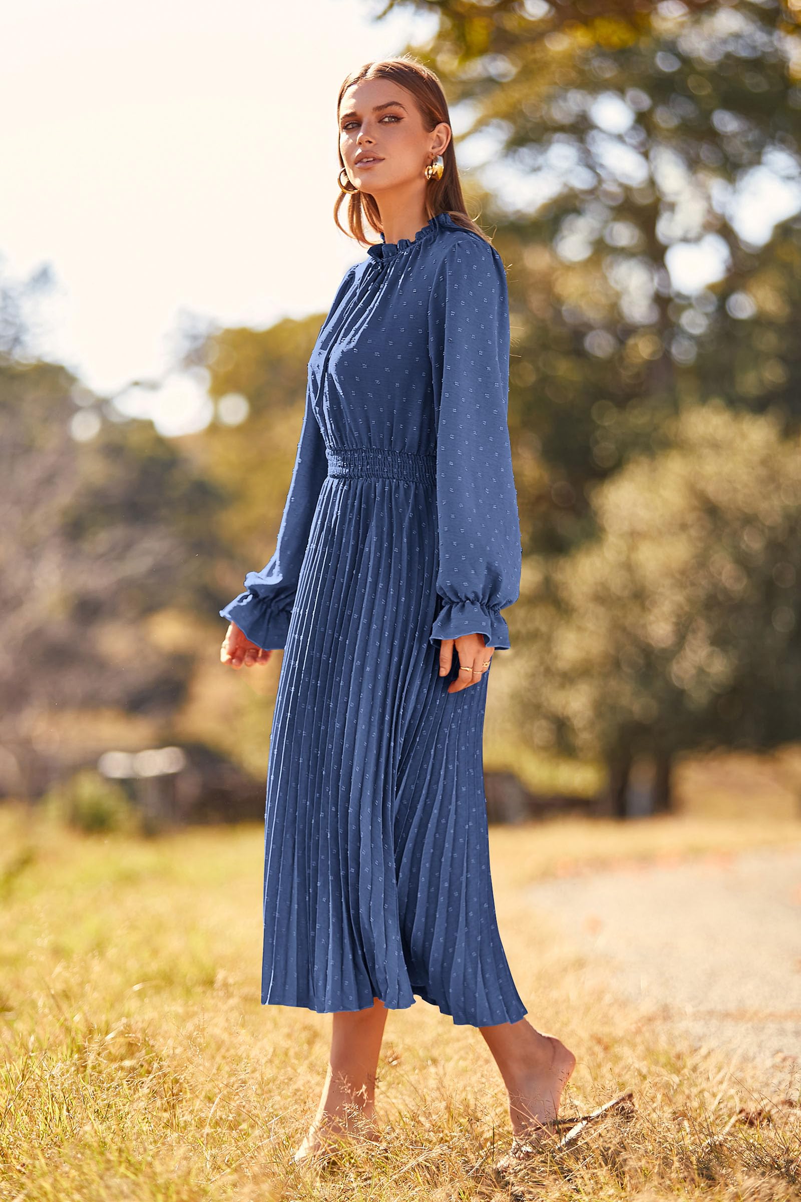 PRETTYGARDEN Women's Swiss Dot Pleated Midi Dress - Long Sleeve V-Neck A-Line Flowy Casual Dress for Spring Fall 2025 | Perfect for Office Wear, Date Nights & Special Occasions