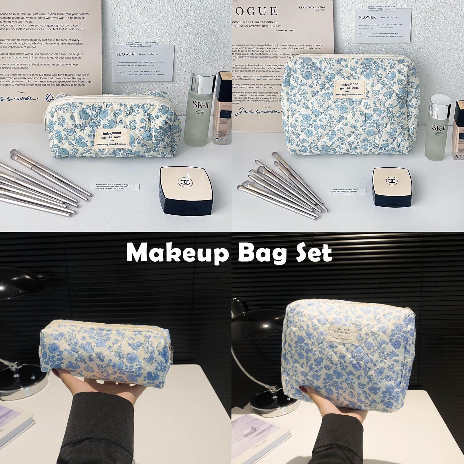 Quilted Floral Makeup Bag Set - 2PCS Large Cosmetic Organizers for Women | Travel & Daily Use