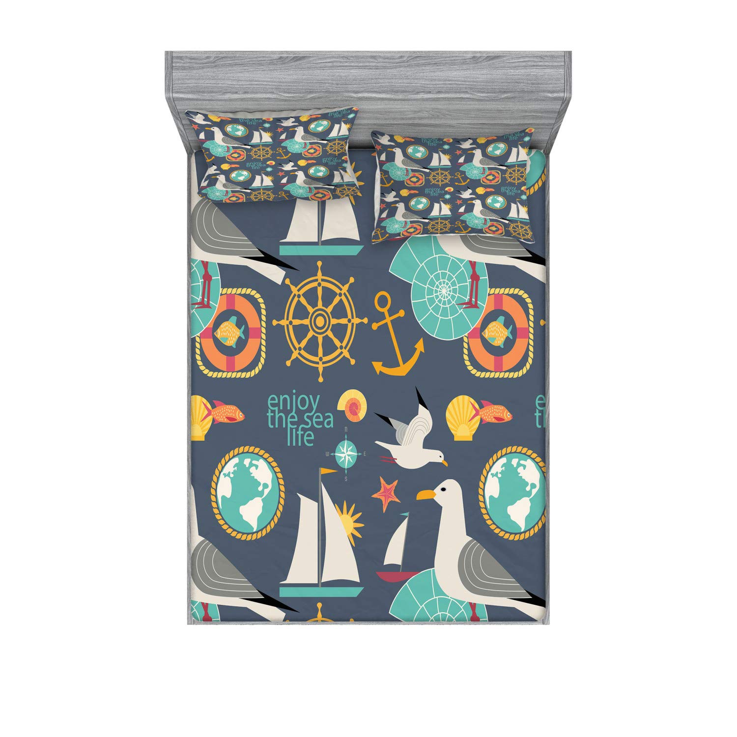 Ambesonne 3-Piece Sailing Themed Bedding Set - Full Size Fitted Sheet & Pillow Sham with Marine Seagulls, Anchor, Shell & Steering Wheel Design in Slate Blue Multicolor | Nautical Decor for Beach House, Guest Room & Coastal Themed Bedrooms