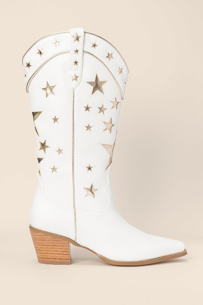 Dollie Women's White and Gold Metallic Star Ankle Boots - Stylish Fashion Booties for Parties, Concerts & Night Out