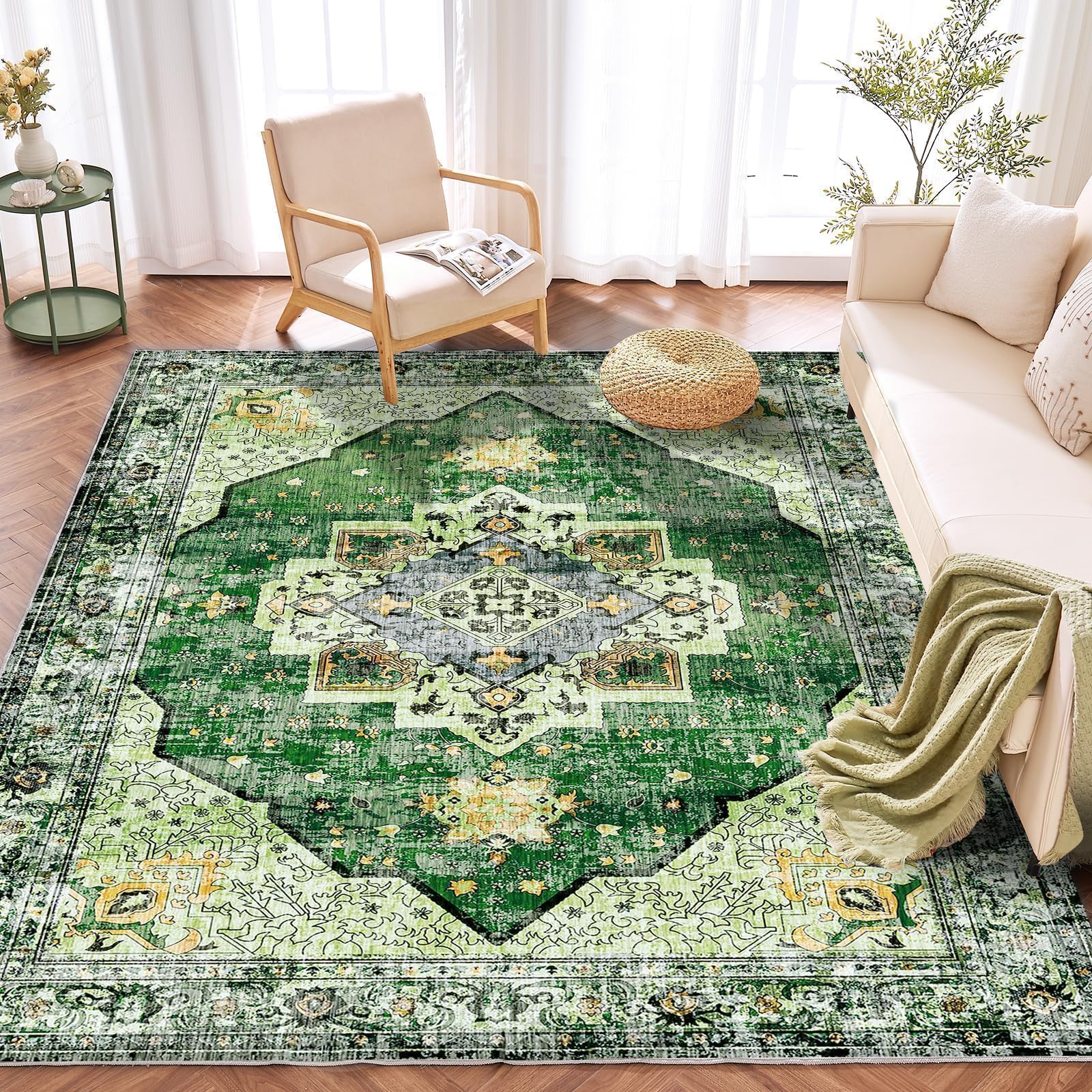 8x10 Area Rugs for Living Room & Bedroom - Faux Wool Low-Pile Non-Slip Washable Carpet with TPR Backing - Durable Green Large Rug for High Traffic Areas - Perfect for Home, Office & Apartment Decor