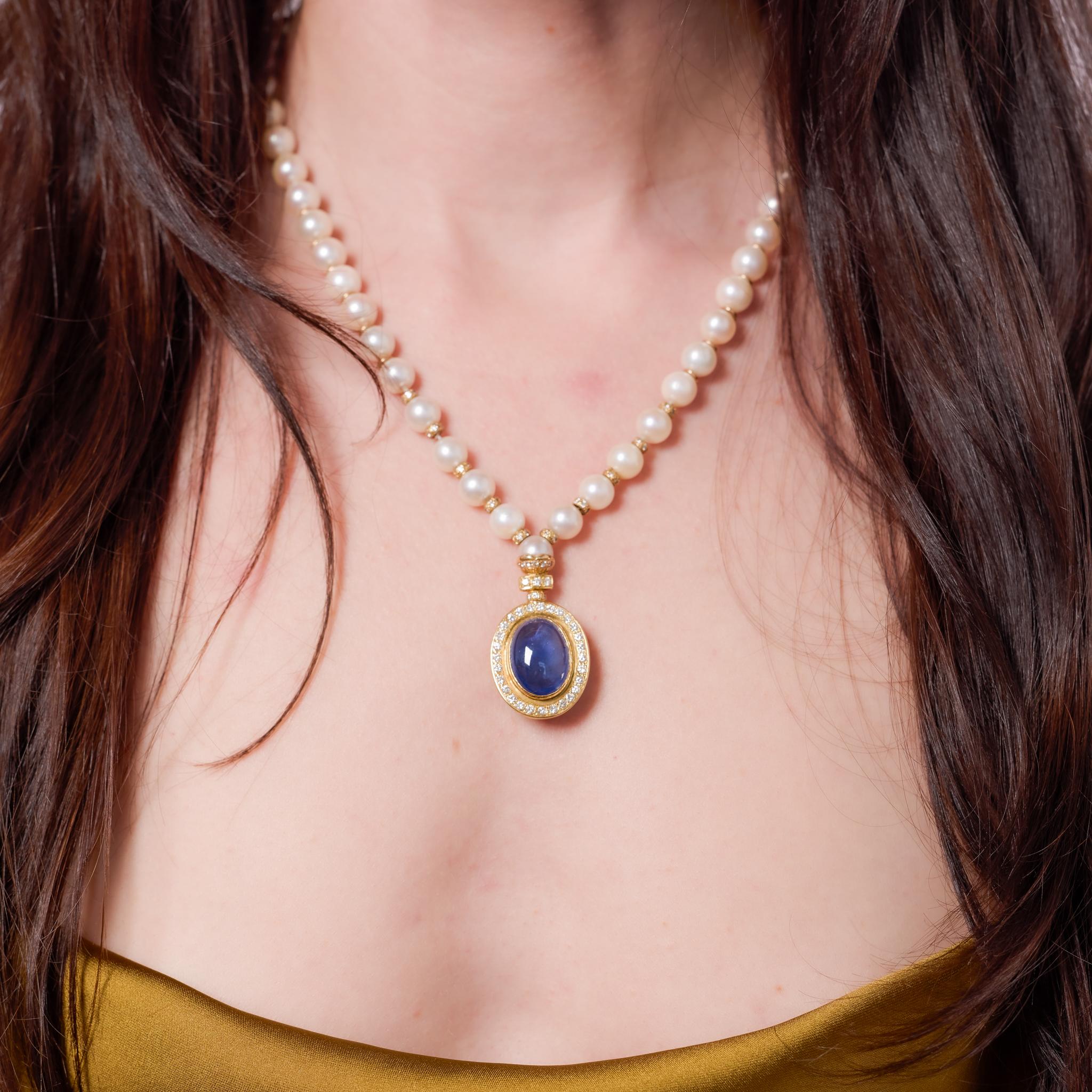 Vintage GIA Certified 14.80 Carat Sapphire Diamond Pearl 18K Yellow Gold Necklace - Perfect for Weddings, Anniversaries & Special Occasions
