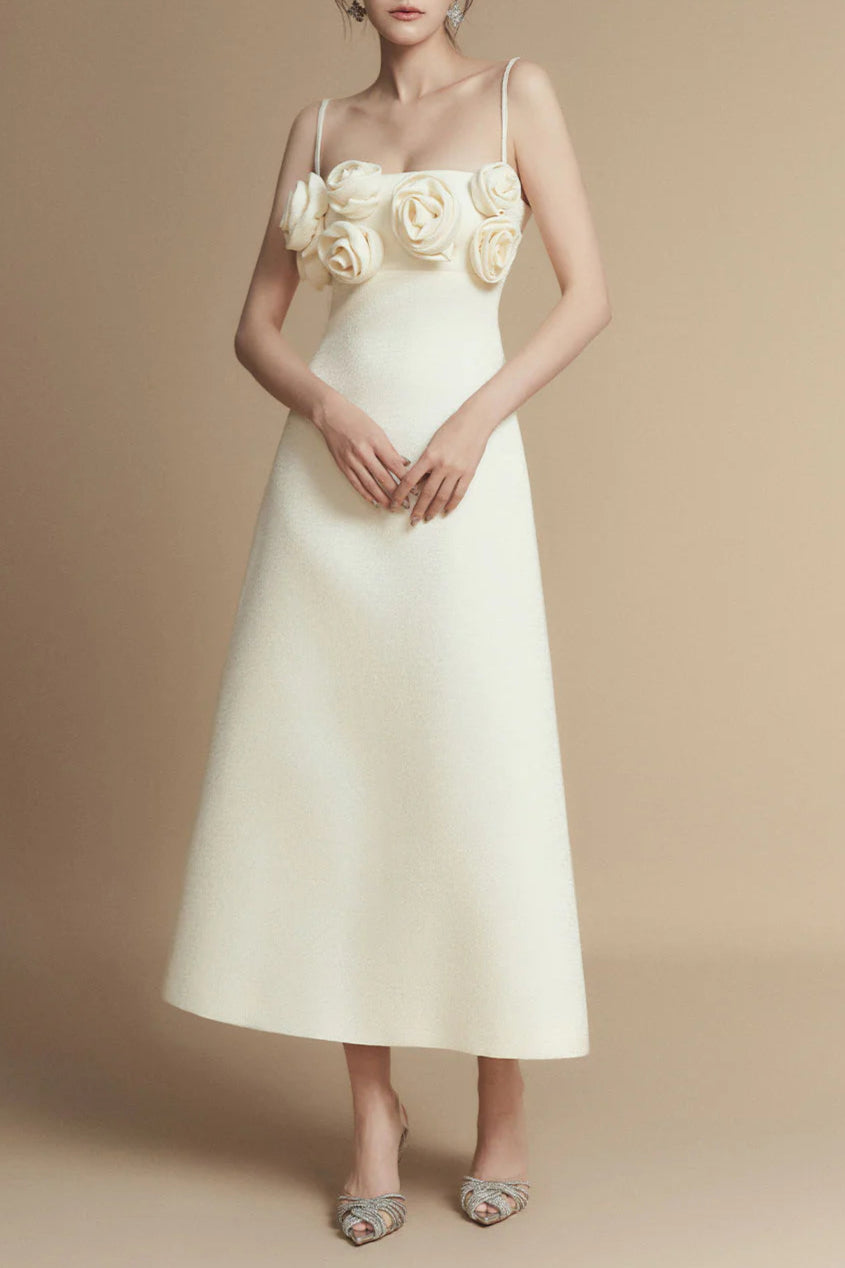 Elegant A-Line Floral Applique Linen Rayon Midi Dress for Women - Perfect for Summer Weddings, Garden Parties & Casual Outings