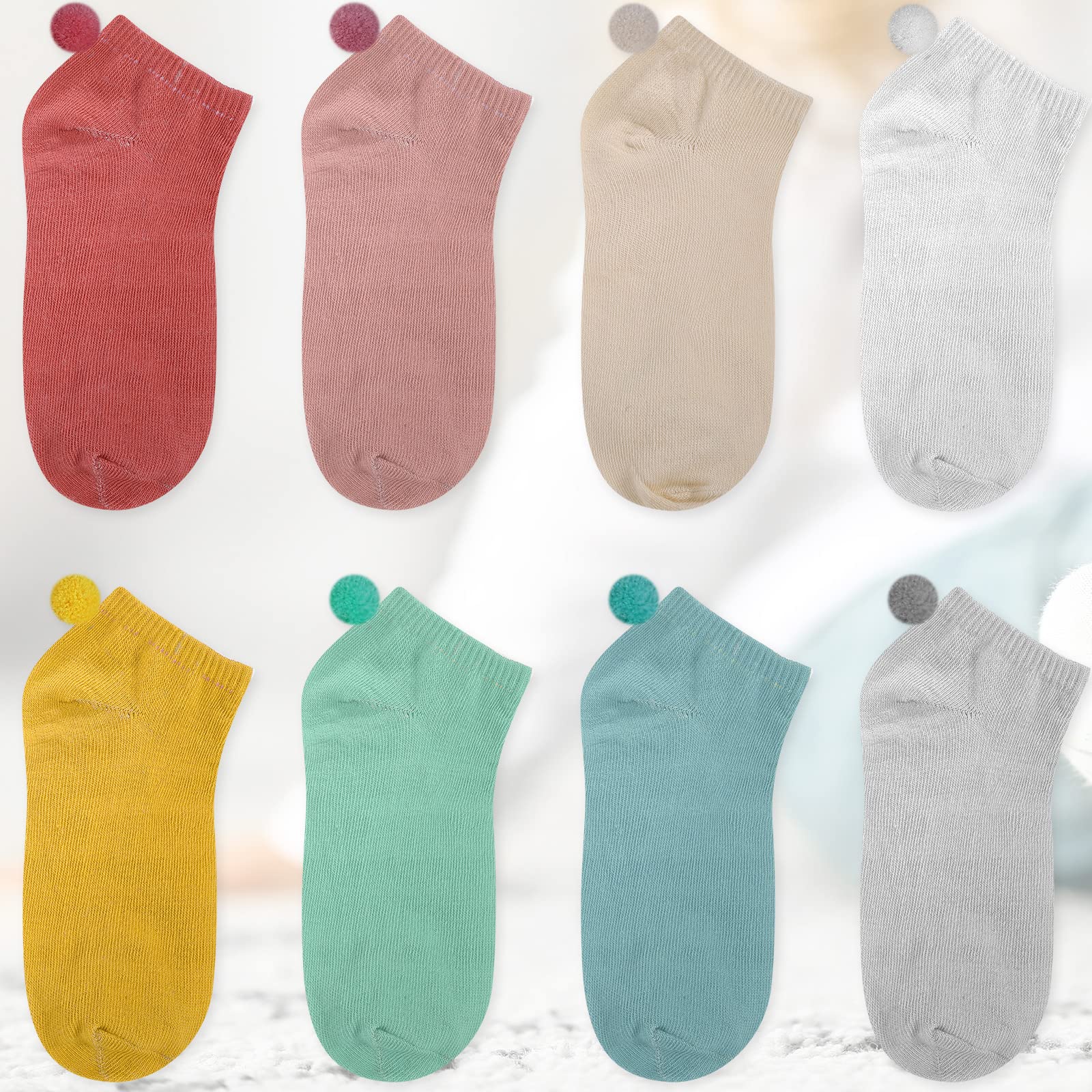 Vicenpal 8 Pairs Women's Fluffy Pom Pom Ankle Socks with Adorable Balls - Soft Seamless Cosplay Socks for Winter, Christmas Gifts & Cute Outfits