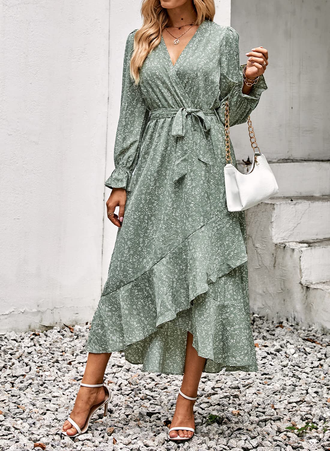BTFBM Women's Floral V-Neck Long Sleeve Boho Dress - High Waist Ruffle Summer Wedding Guest Dress for Spring/Summer 2025 | Perfect for Garden Parties, Bridal Showers & Formal Events