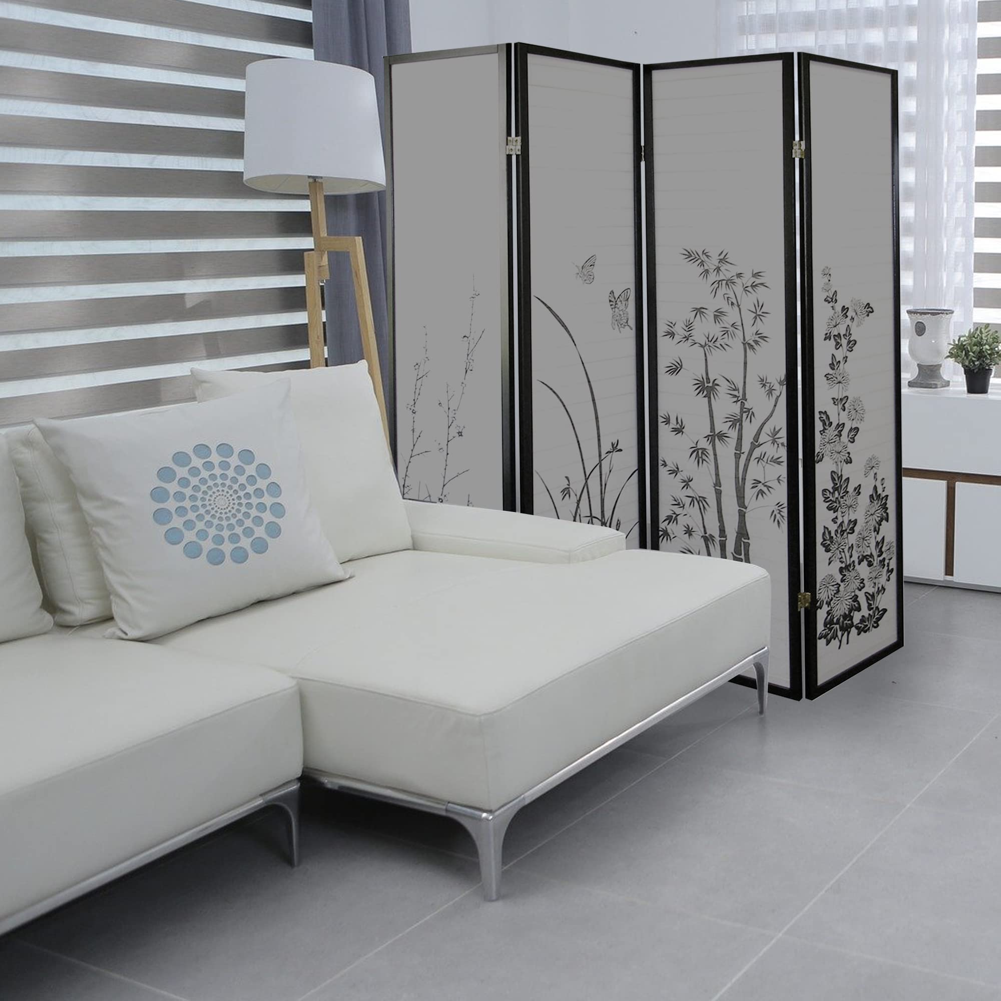 ORE International R590-4-A 4-Panel Bamboo Floral Room Divider Screen - Elegant Privacy Partition for Bedroom, Living Room & Office Decor