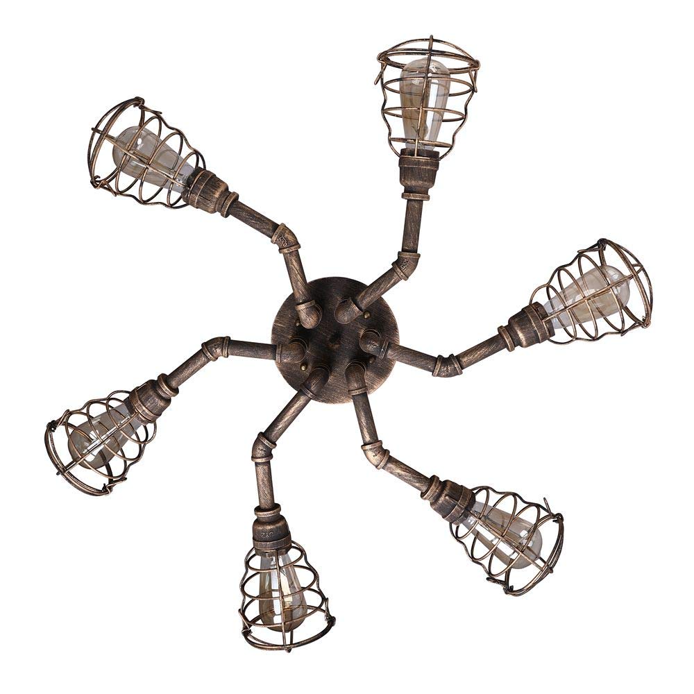 Vintage Industrial Flush Mount Ceiling Light - 6-Light Cage Pipe Pendant Lamp with Retro Iron Metal Design & Edison Bulbs - Perfect for Dining Rooms, Restaurants, Cafes & Loft Spaces