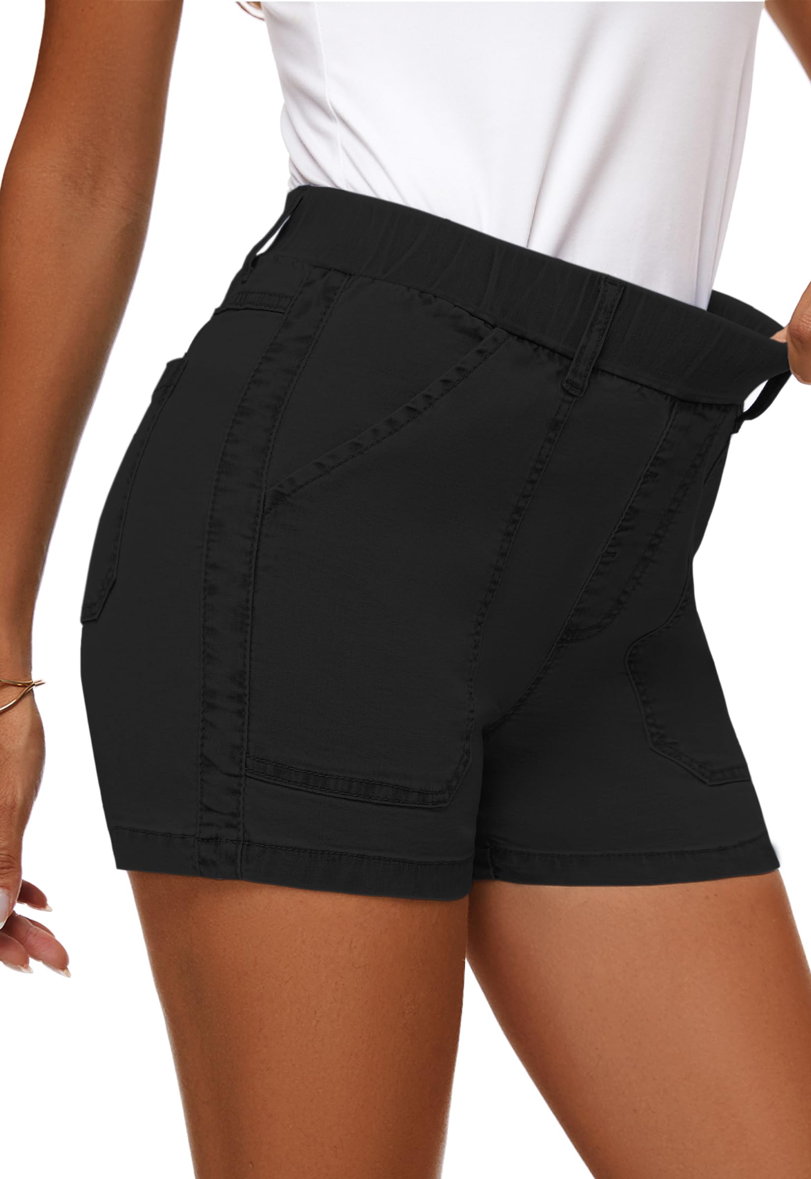 Women's High Waisted Stretchy Denim Shorts - Summer Cotton Pull-On Jean Shorts with Elastic Waist & Pockets - Casual Beachwear, Street Style, and Everyday Comfort