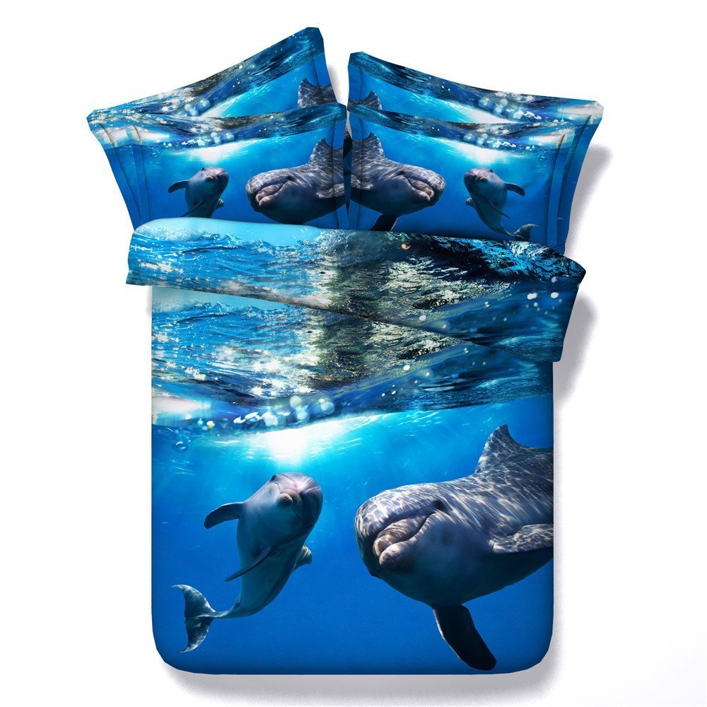 Newrara Queen Size 100% Cotton Blue Dolphin 3D Duvet Cover Set - 4 Piece Bedding Set with Pillowcases, Soft & Breathable for Comfortable Sleep - Perfect for Beach Themed Bedrooms, Guest Rooms & Coastal Decor