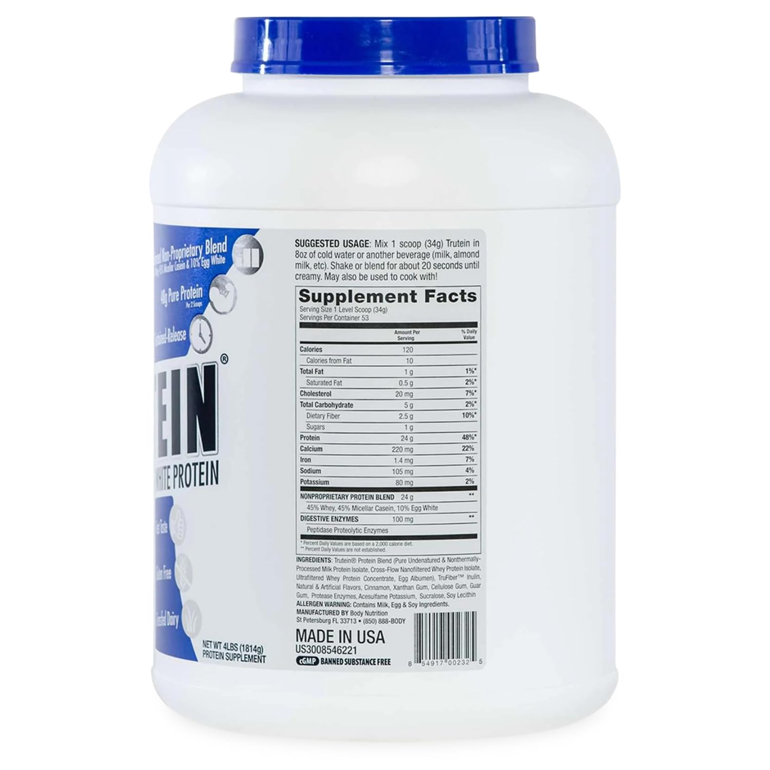 Trutein High Protein Powder - 45% Whey, 45% Casein, 10% Egg White | Gluten Free, Low Sodium, Grass Fed Whey Protein | Gym Supplement & Post Workout Recovery | Breakfast Shake for Weight Management | Cinnabun Flavor, 4lb Bag | Perfect for Bodybuilding, Meal Replacement & Healthy Lifestyle