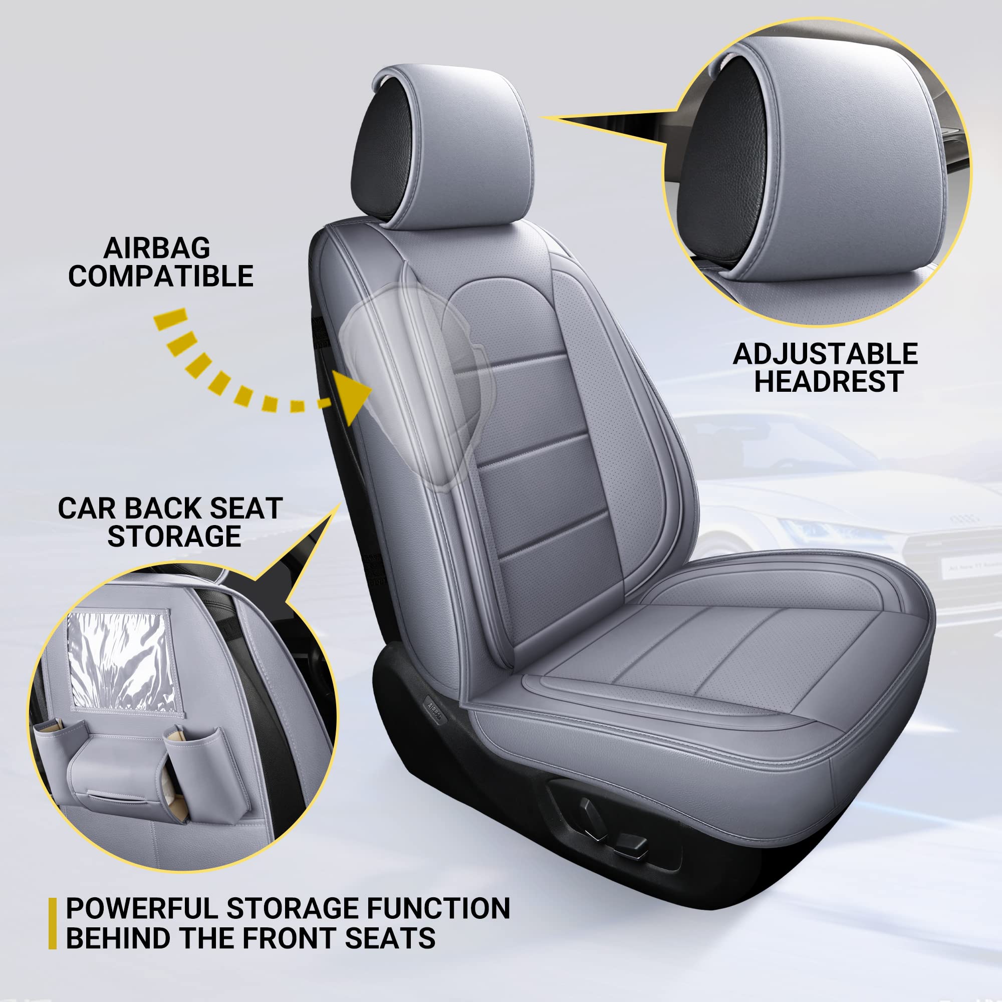 Premium AOOG Leather Car Seat Covers with Backseat Organizer - Universal Fit for Most Sedans, SUVs & Trucks (Full Set, Grey) - Protect & Upgrade Your Vehicle Interior for Daily Commute & Road Trips