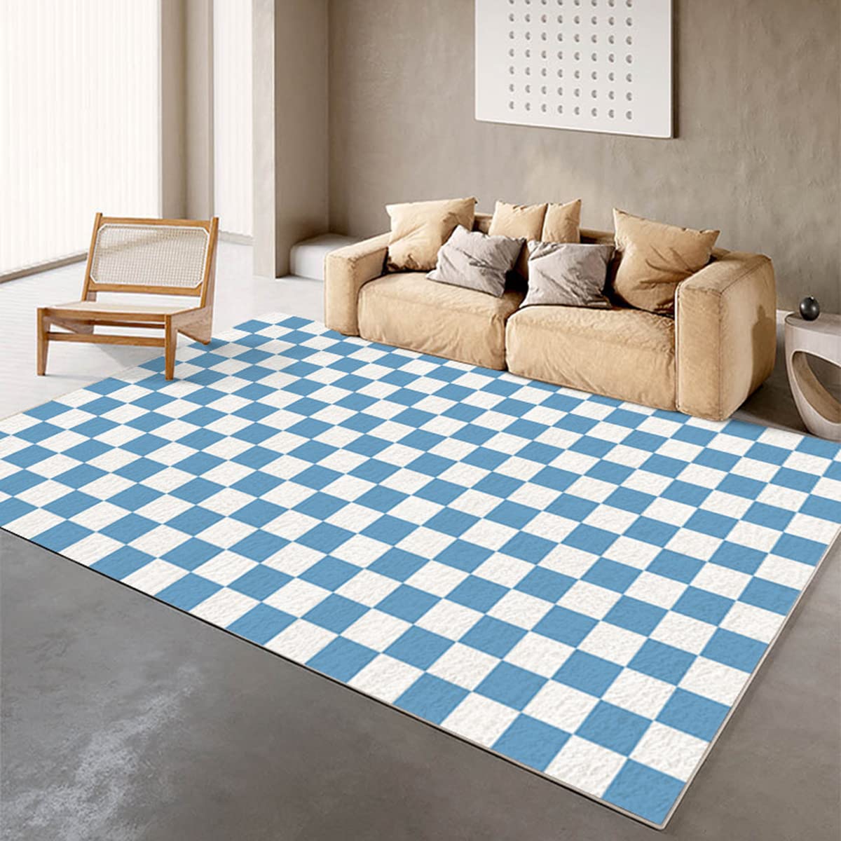 Retro Checkered Blue White Washable Fluffy Soft Area Rug - 6x8 Faux Wool Carpet for Living Room, Dining Room, Bedroom, Home Office, Playroom & Nursery - Perfect for Cozy Home Decor & Kids Play Areas