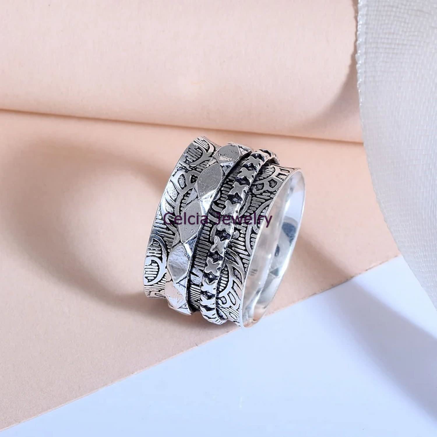 Handmade Sterling Silver Spinner Ring - 925 College Promise Band, Unique Designer Jewelry for Women & Men, Free-Style Spinning Fashion Ring (Size 7) - Perfect for Stress Relief, Fidgeting, and Stylish Everyday Wear