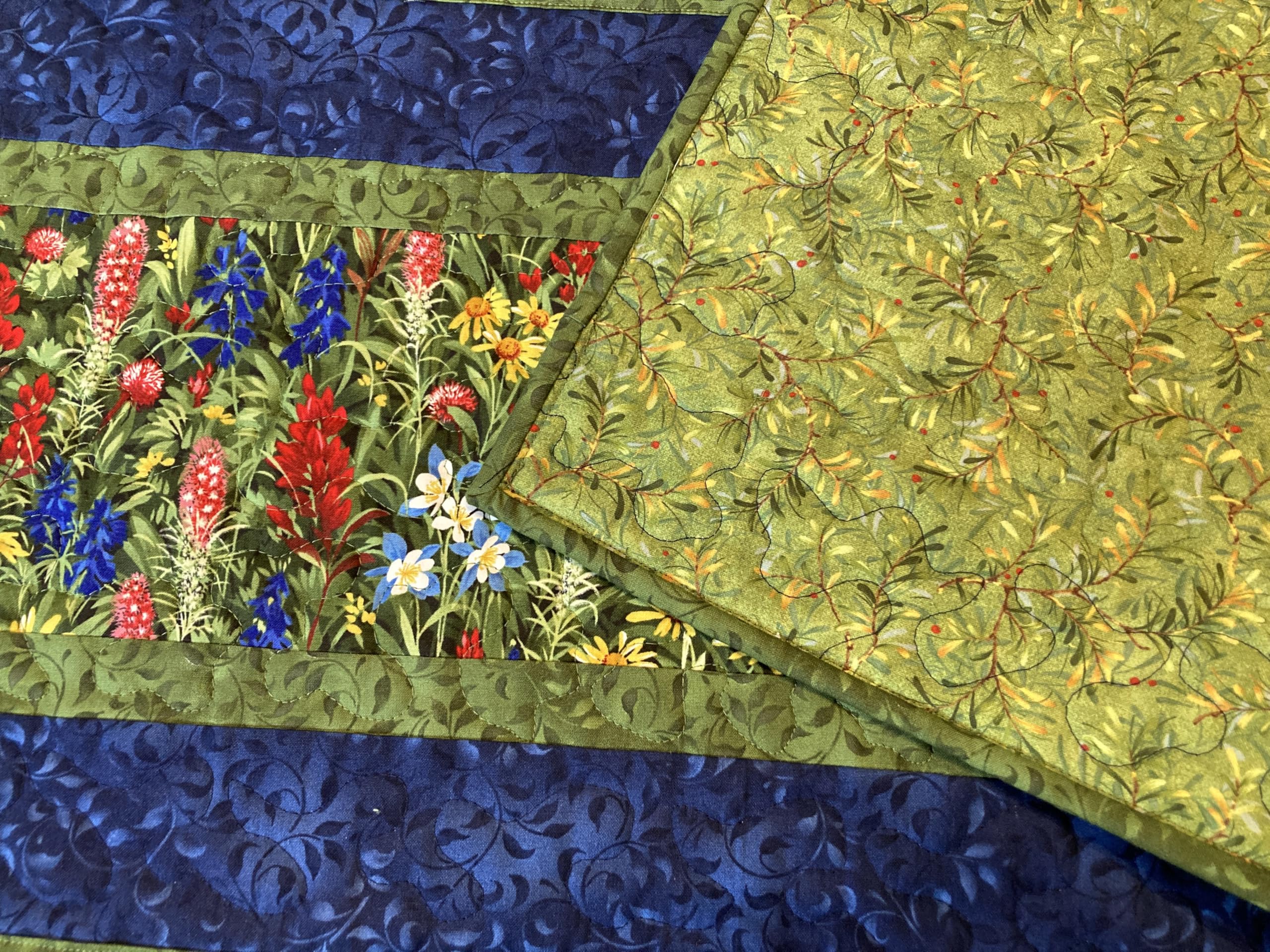 TahoeQuilts Handmade Floral Table Runner - 13x48 Inch Reversible Summer Table Mat with Wildflowers in Red, Blue & Yellow - Perfect for Dining Tables, Coffee Tables & Living Room Decor
