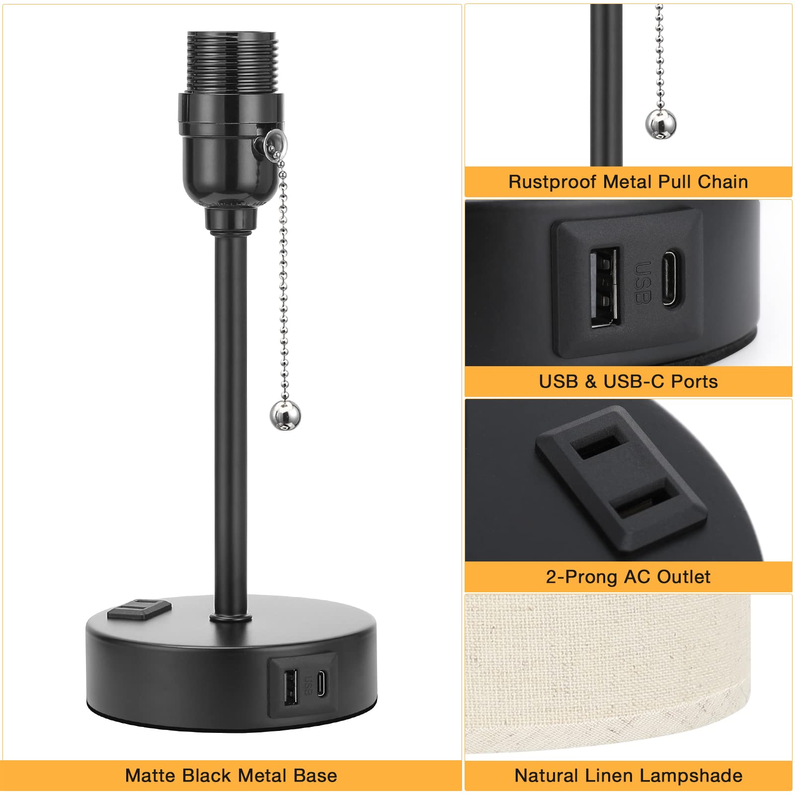 3-Level Dimmable Beige Small Table Lamp with USB-C & USB-A Ports & AC Outlet - 2700K/3500K/5000K Color Temperature Adjustable Bedside Lamp with Pull Chain & Black Metal Base - Perfect for Bedroom, Kids Room & Reading Nook Lighting
