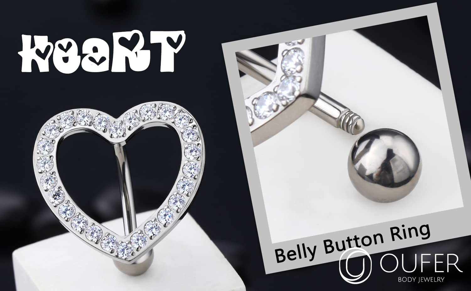 OUFER 14G Titanium Belly Button Rings with CZ Crystals - Heart Shaped Navel Jewelry for Women & Men | Perfect for Piercing & Fashion