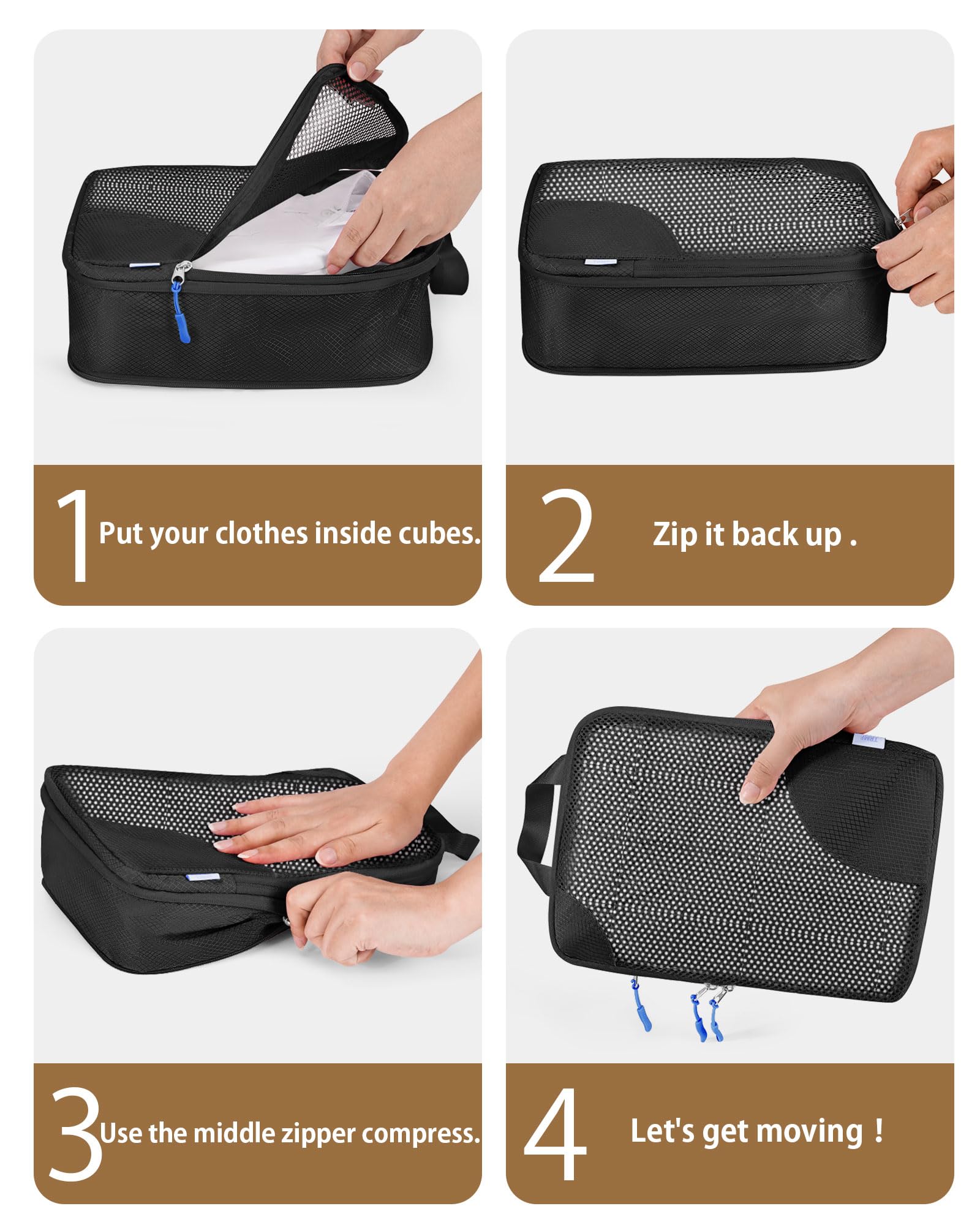7-Piece Compression Packing Cubes Set - Travel Luggage Organizer Bags for Suitcase, Black | Space-Saving Travel Essentials for Business Trips & Vacations