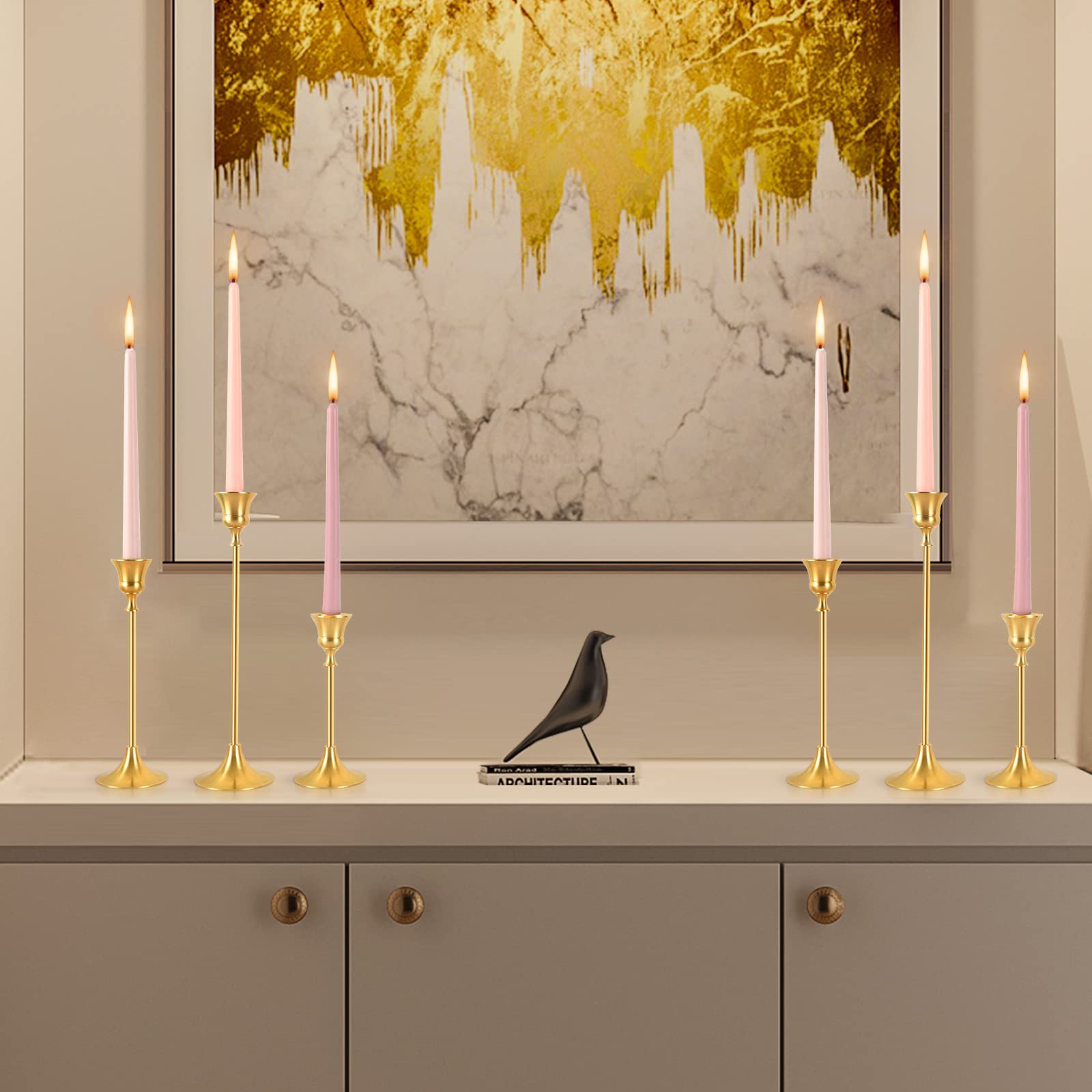 Premium Brass Candle Holders Set of 3 - Elegant Gold Taper Candlesticks for Weddings, Parties & Dining Table Centerpieces - Fits Thick & LED Candles - Perfect for Romantic Dinners, Holiday Decor & Home Ambiance