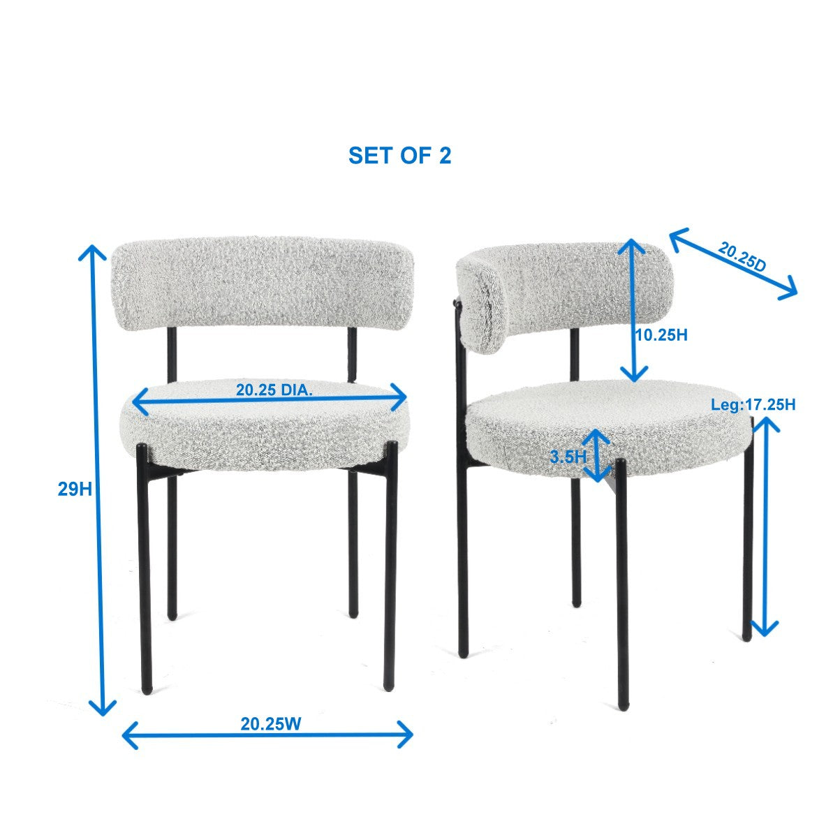 Roundhill Furniture Burbank Modern Round Boucle Dining Chairs, Set of 2 - Mid Century Style Upholstered Seating for Kitchen, Dining Room & Breakfast Nook - Comfortable & Stylish Home Decor