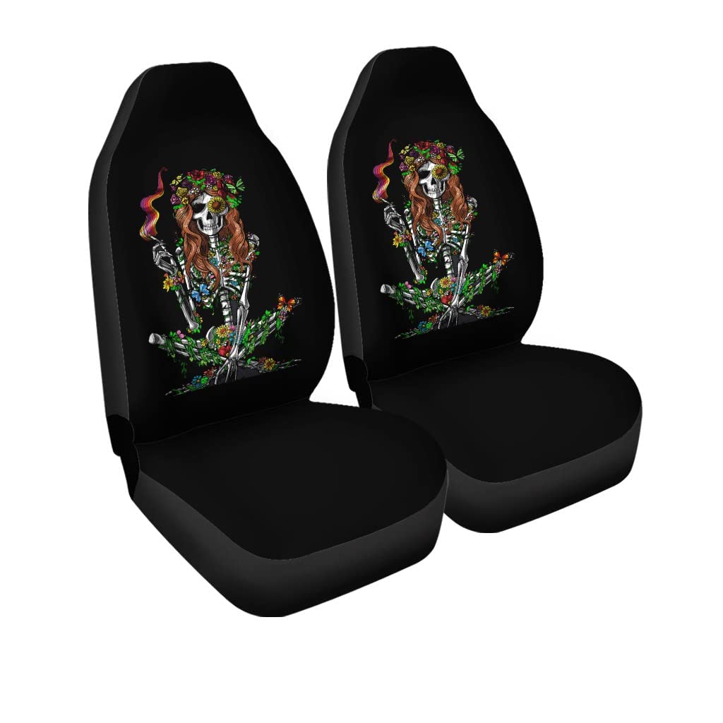 Hippie Skeleton Smoking Weed Psychedelic Stoner Car Seat Covers - Universal Fit for Sedan, Truck, SUV & Van (Set of 2) | Durable Vehicle Protector for Road Trips & Stoner Vibes
