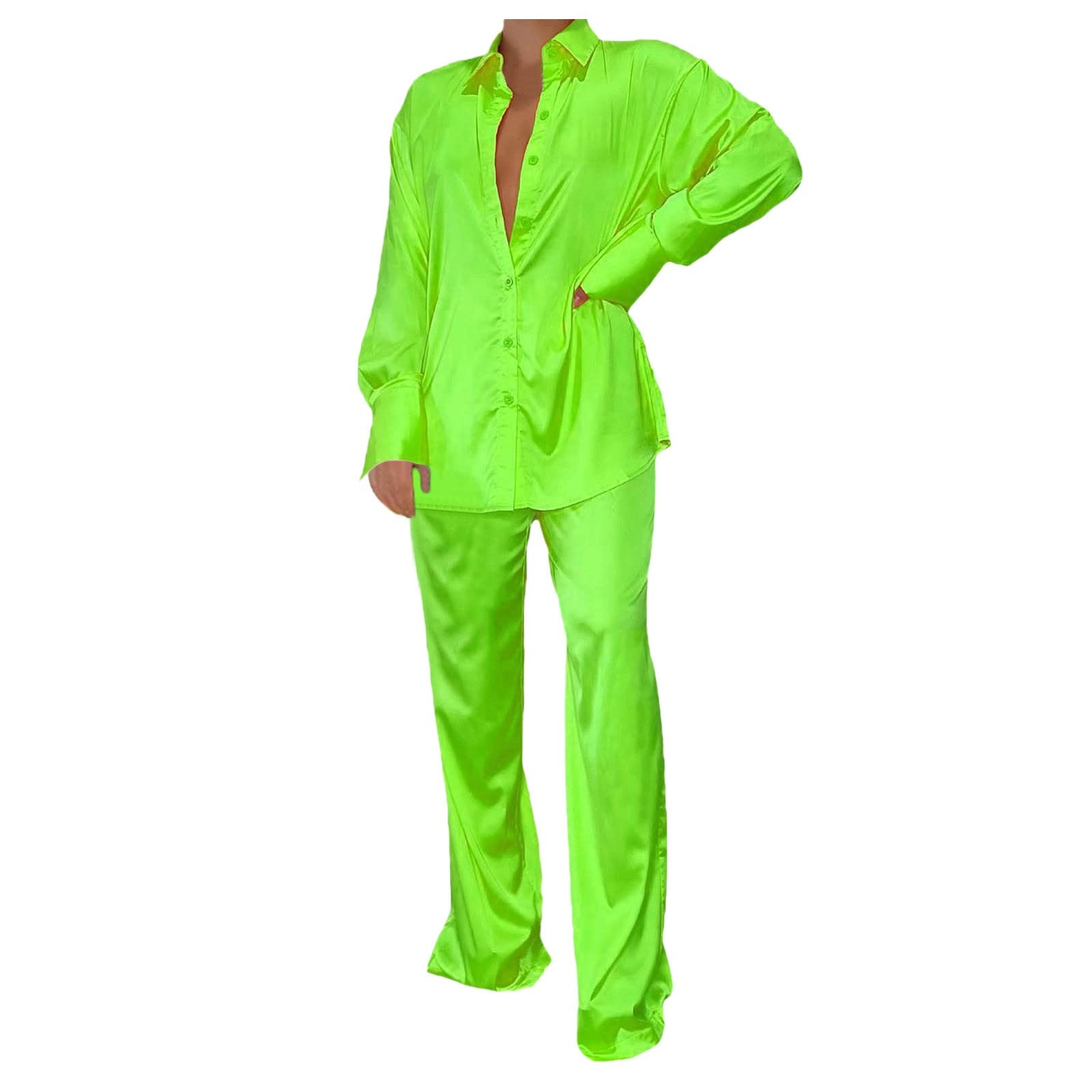 YOYORI Women's Wide Leg Satin Pants Set - 2 Piece Outfit with Long Sleeve Button Down Shirt | Business Casual, Streetwear & Pajama Style | Plus Size XXL in Green | Perfect for Office, Lounge & Night Out
