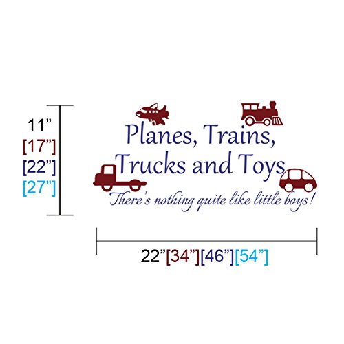 Boys Playroom Wall Decals - Planes, Trains, Trucks & Toys Wall Stickers for Nursery Decor | Dark Red Toys & Blue Words | Perfect for Kids Bedroom, Daycare & Play Area Wall Art