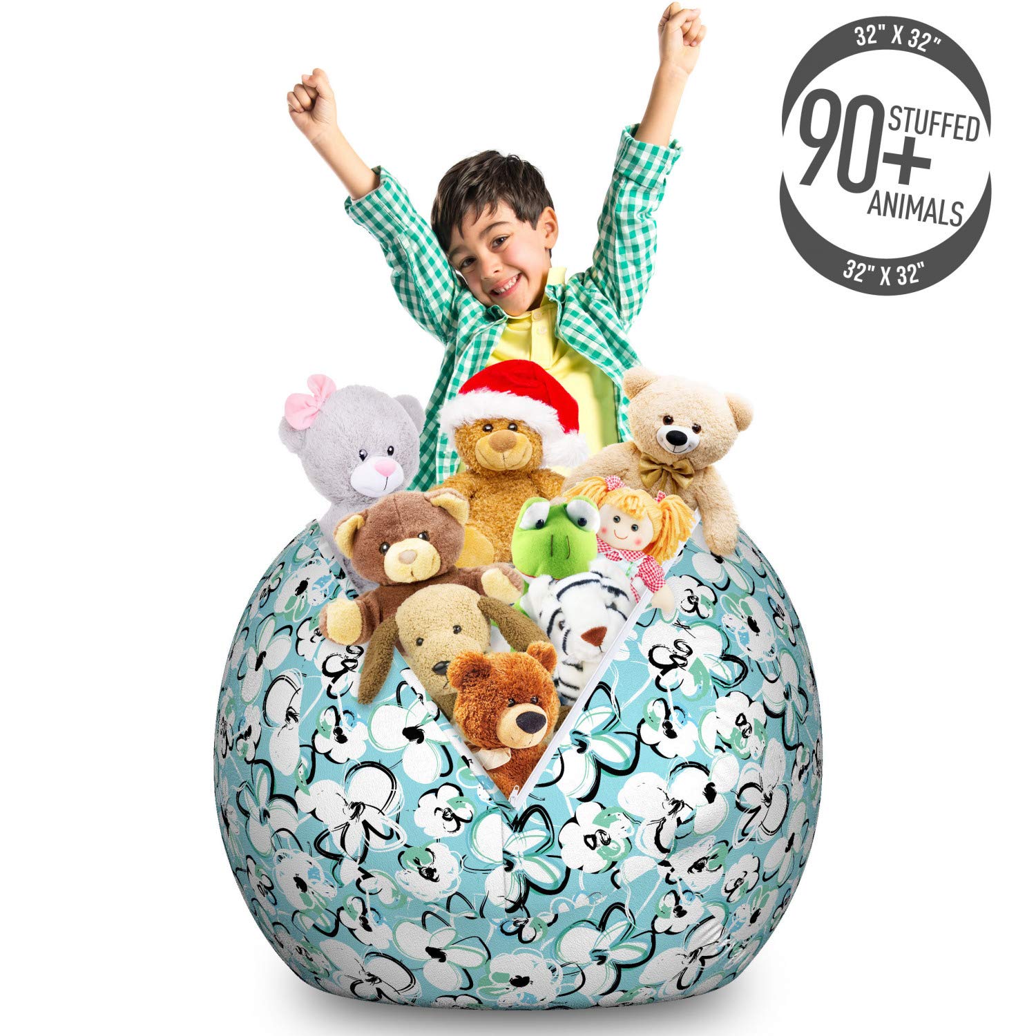 Ambesonne Floral Toy Storage Bag Chair - Large Washable Stuffed Animal Organizer with Paintbrush Strokes Flower Motifs in Turquoise Sky Blue - Perfect for Kids' Room, Playroom, and Nursery Organization