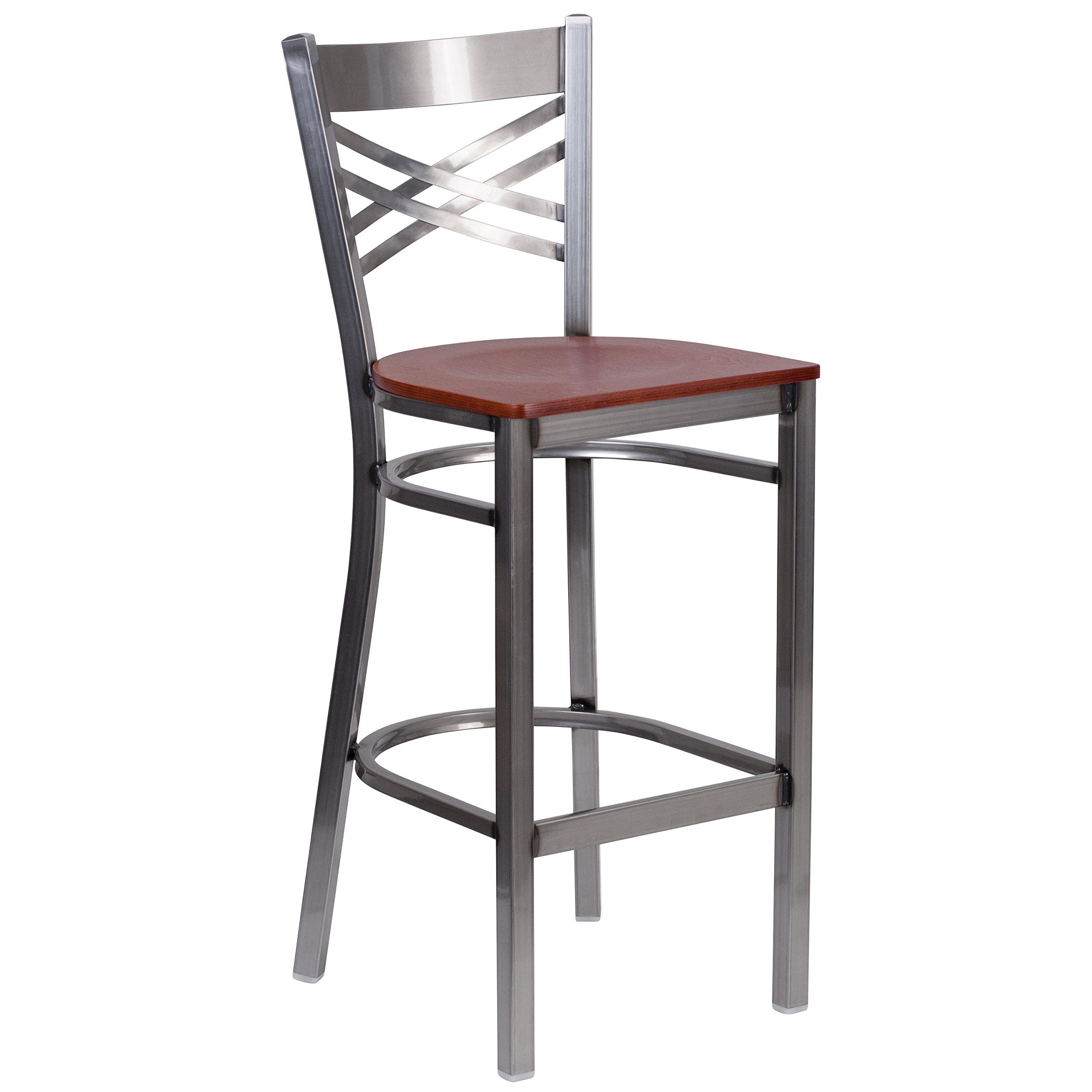 Flash Furniture HERCULES Series Clear Coated X-Back Metal Bar Stool with Cherry Wood Seat - Commercial Restaurant & Home Bar Counter Stool for Kitchen Island, Pub, and Dining Room