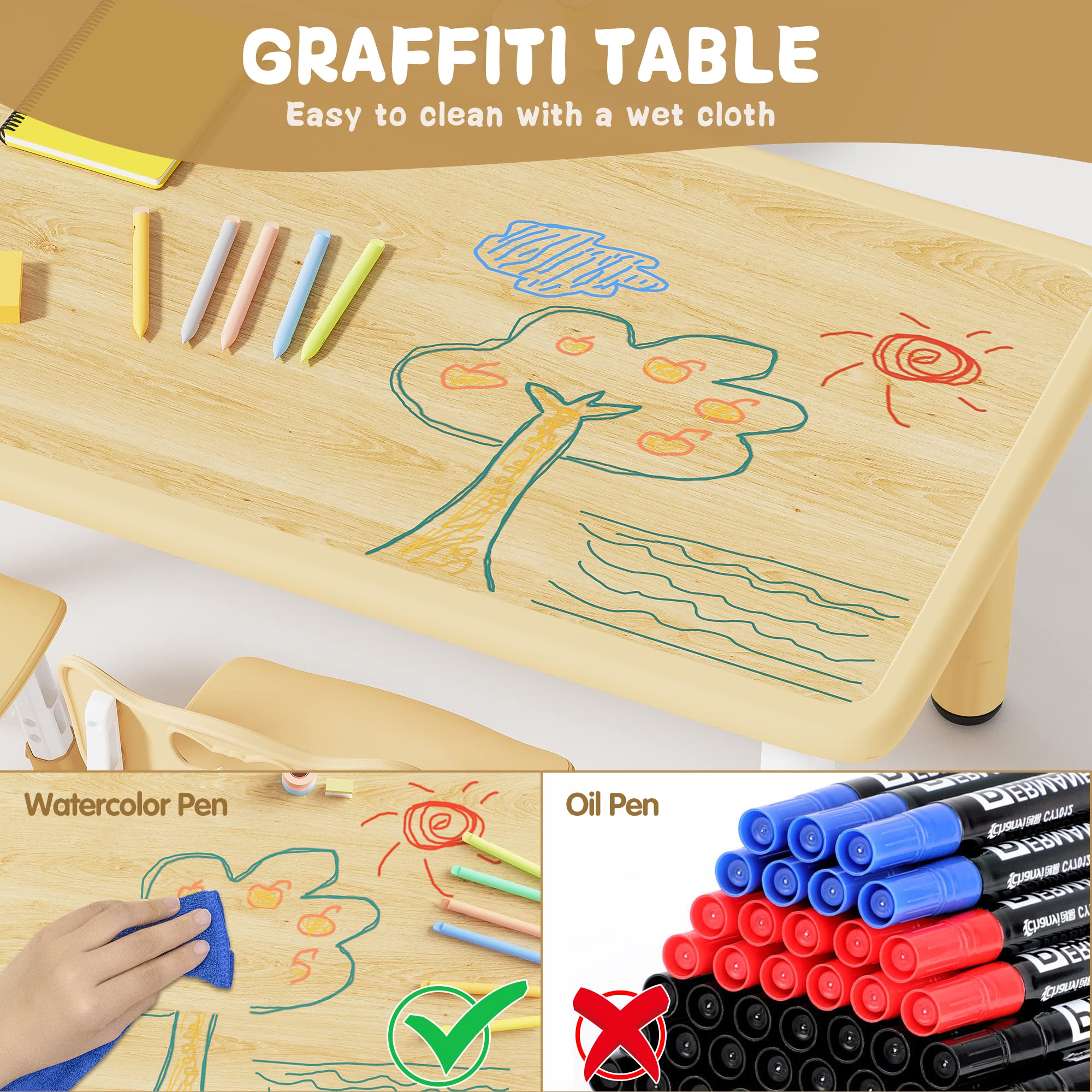 Brelley Adjustable Height Kids Table and 6 Chairs Set - Toddler Activity Table with Graffiti Desktop for Classroom, Daycare & Home - Perfect for Arts, Crafts & Learning Activities (Ages 2-8)