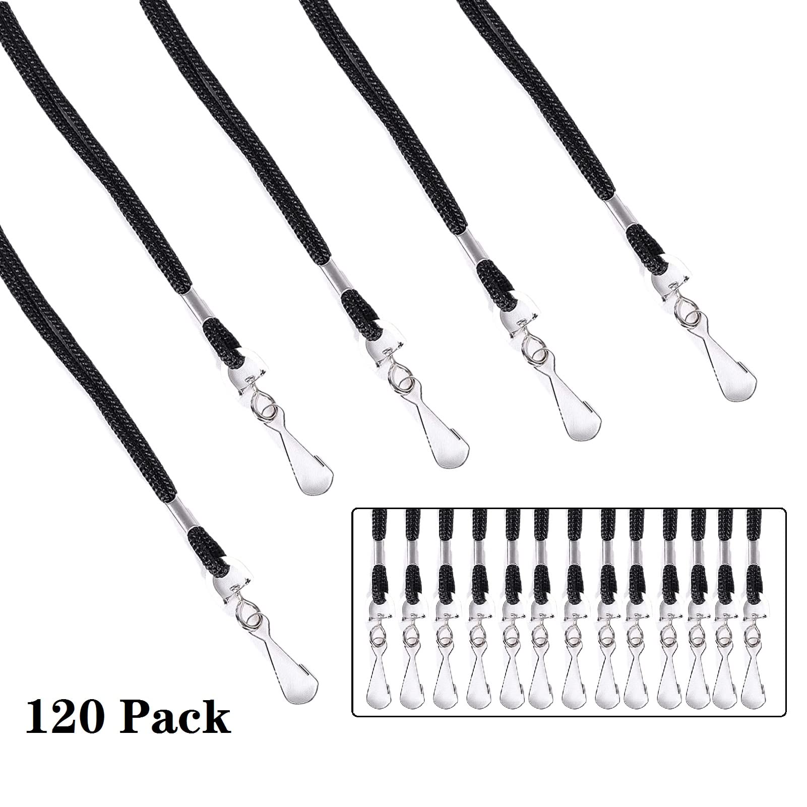 120 Pack Black Badge Lanyards with J Hook - ID Card Holder for Office & School Use