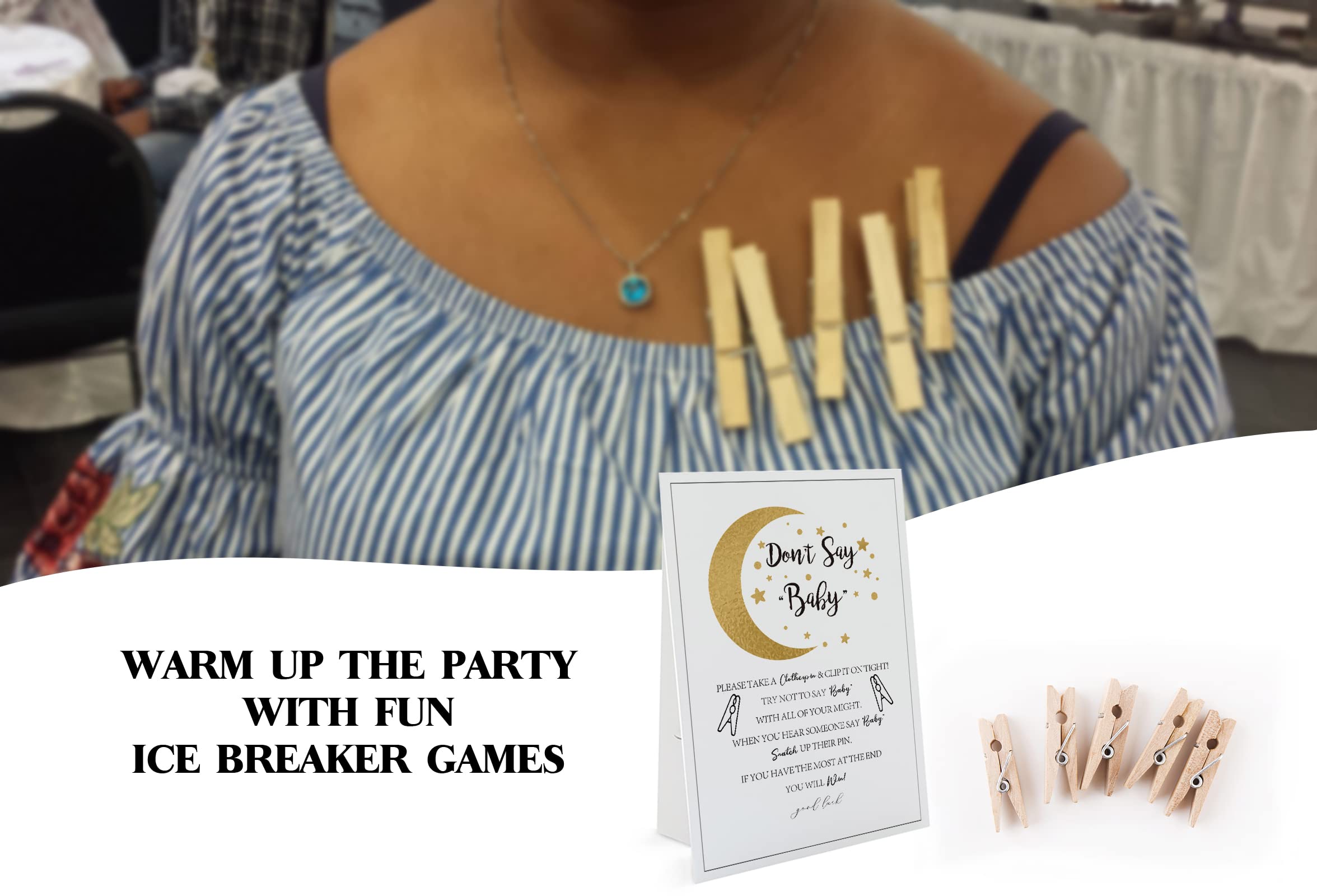 Twinkle Little Star Don't Say Baby Game Set - 1 Sign & 50 Natural Wooden Clothespins - Fun Gender Neutral Baby Shower Game & Decoration for Parties, Celebrations & Family Gatherings