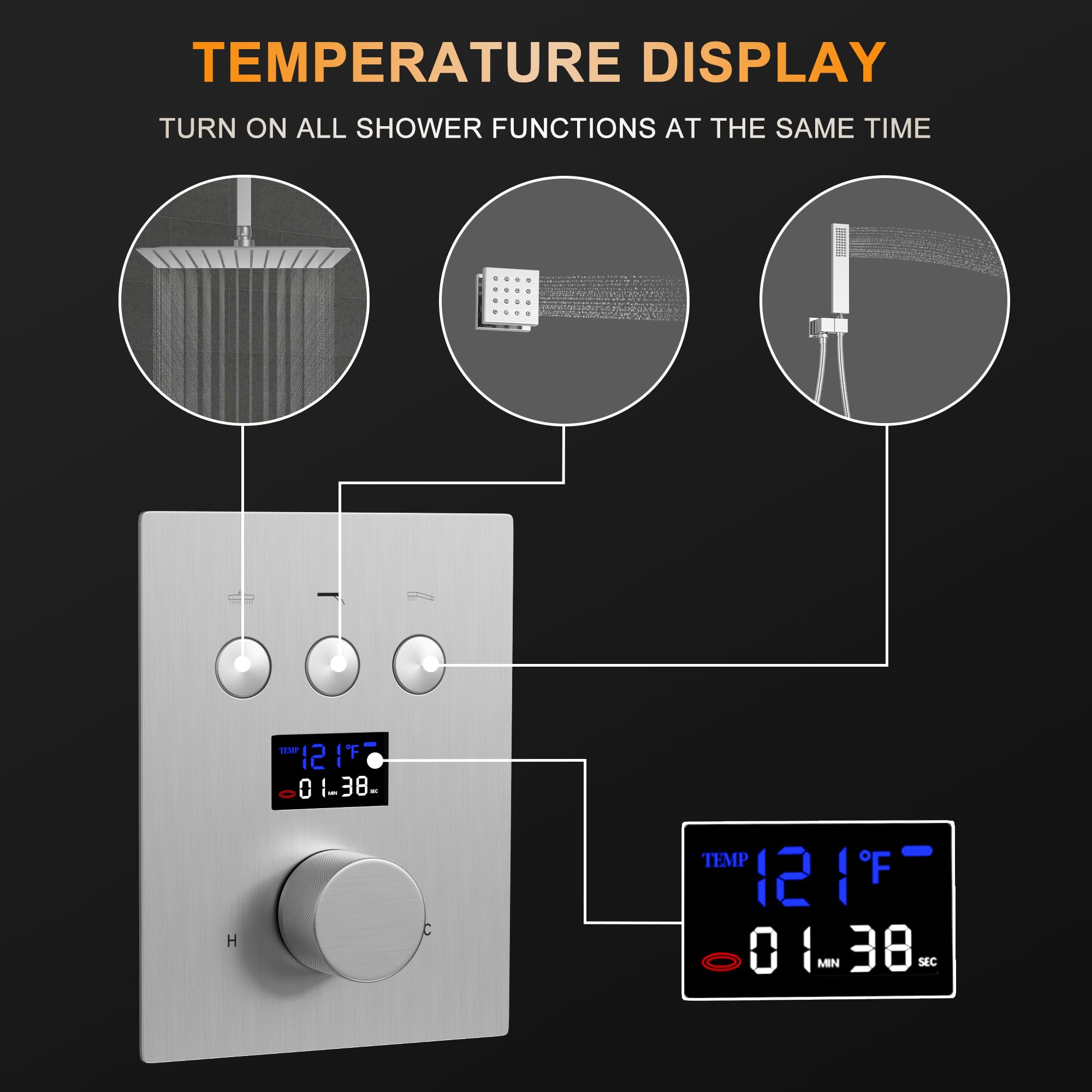 AYIVG Brushed Nickel 3-Way Thermostatic Shower Diverter Valve with Temperature Display - Flow Control Mixer Valve Kit for Simultaneous Multi-Function Use - Perfect for Bathroom Renovation and Luxury Shower Systems