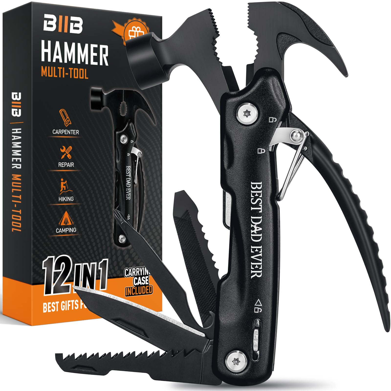 12-in-1 Multitool Hammer - Best Camping Survival Tool & Essential Gear for Outdoor Adventures | Perfect Father's Day, Birthday Gifts for Dad, Husband, Grandpa | Ideal for DIY, Home Repair, Emergency Preparedness & Wilderness Survival