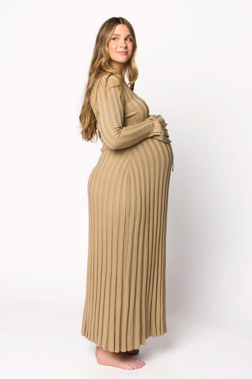 Hadley Long Sleeve V Neck Knit Maxi Dress for Women - Elegant Dune Color, Flowy Boho Style, Comfortable Stretchy Fabric | Perfect for Fall, Winter, Date Night, Office Wear and Special Occasions