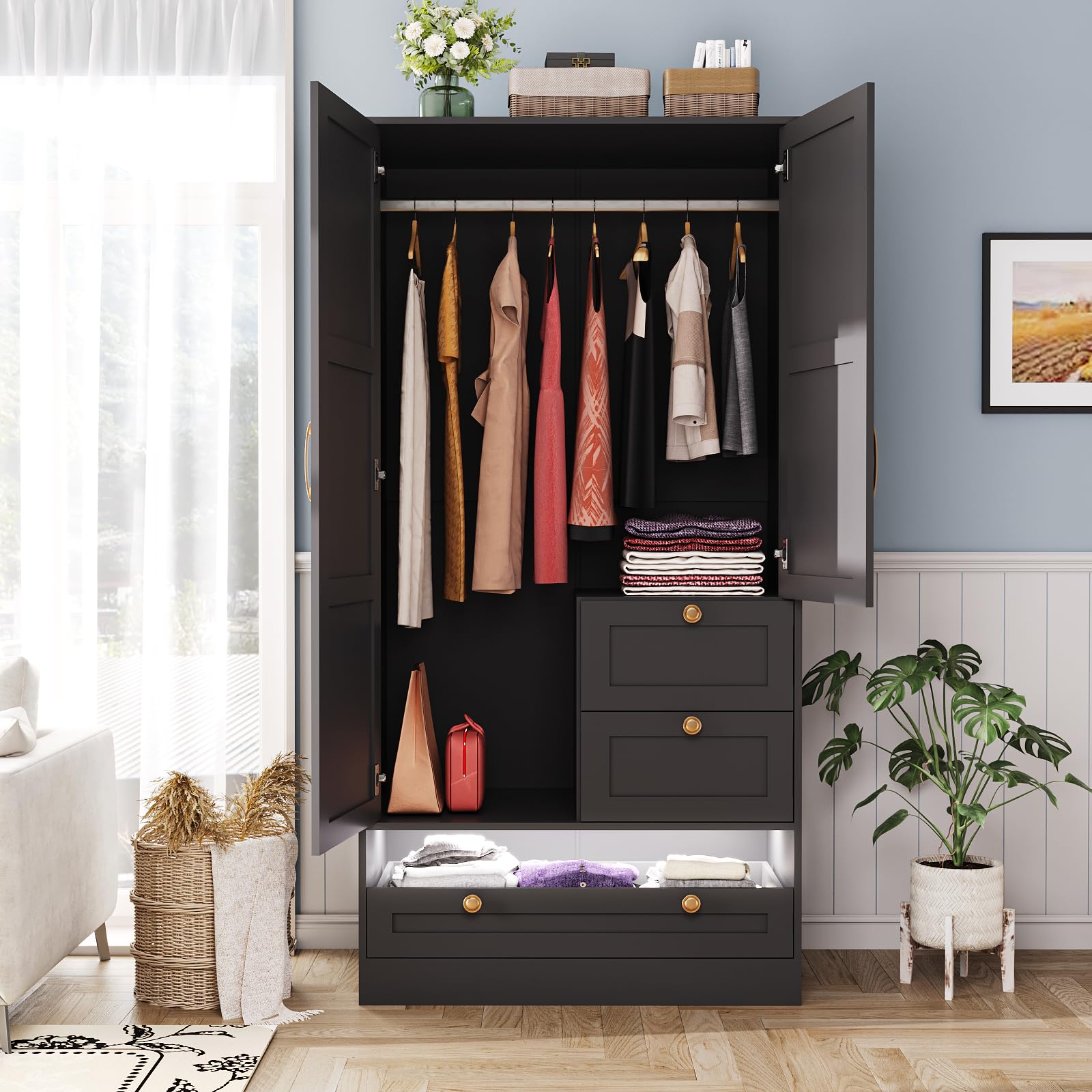 Maupvit 2-Door Armoire Wardrobe Closet with Drawers & LED Lights - Large Capacity Freestanding Storage Cabinet with Hanging Rod - Bedroom Clothes Organizer for Laundry Room & Walk-In Closets - Black