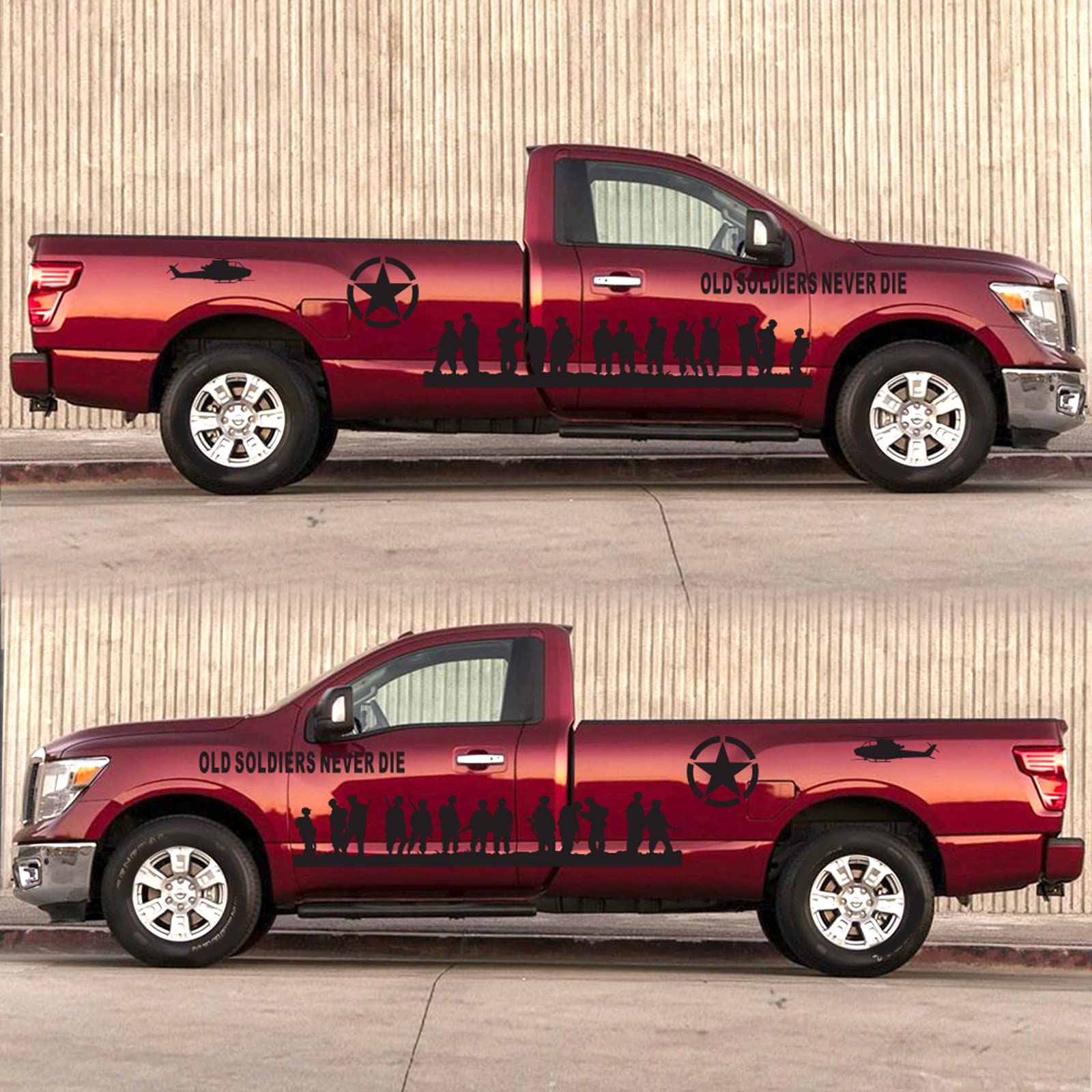 US Army Military Star Vinyl Car Stickers & Decals - Old Soldiers Never Die Truck Decals for Men - Patriotic Soldier Vehicle Side Sticker - Black - Perfect for Trucks, SUVs, Cars & Motorcycles to Show Military Pride