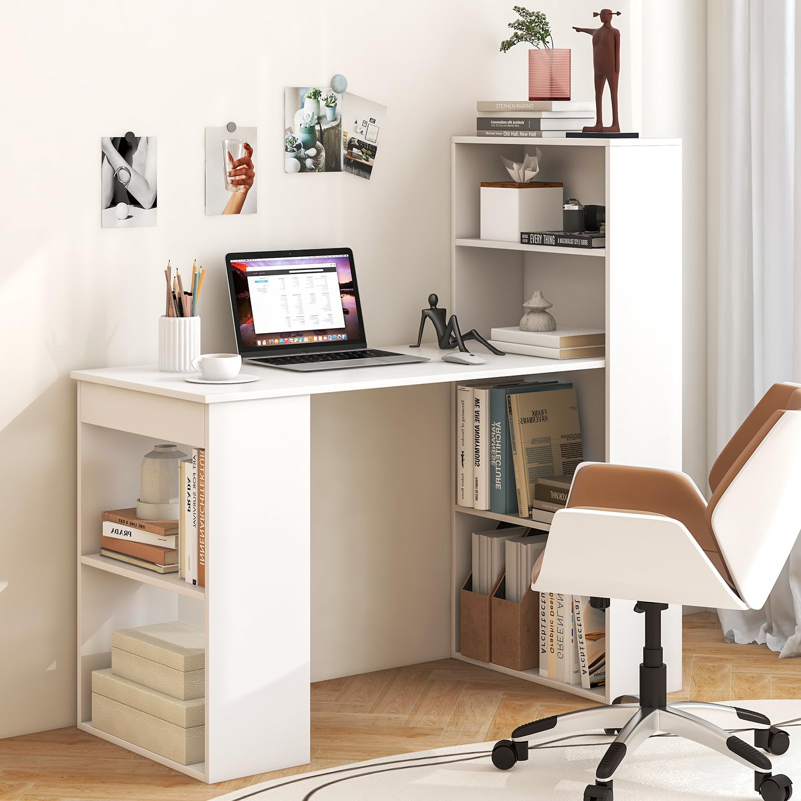 Tangkula White Computer Desk with Bookshelf - Compact Writing Study Desk with Storage Shelves & CPU Stand | Modern Home Office Workstation, Space-Saving Design for Small Rooms, Dorm & Apartment | Perfect for Remote Work, Online Learning & Gaming Setup