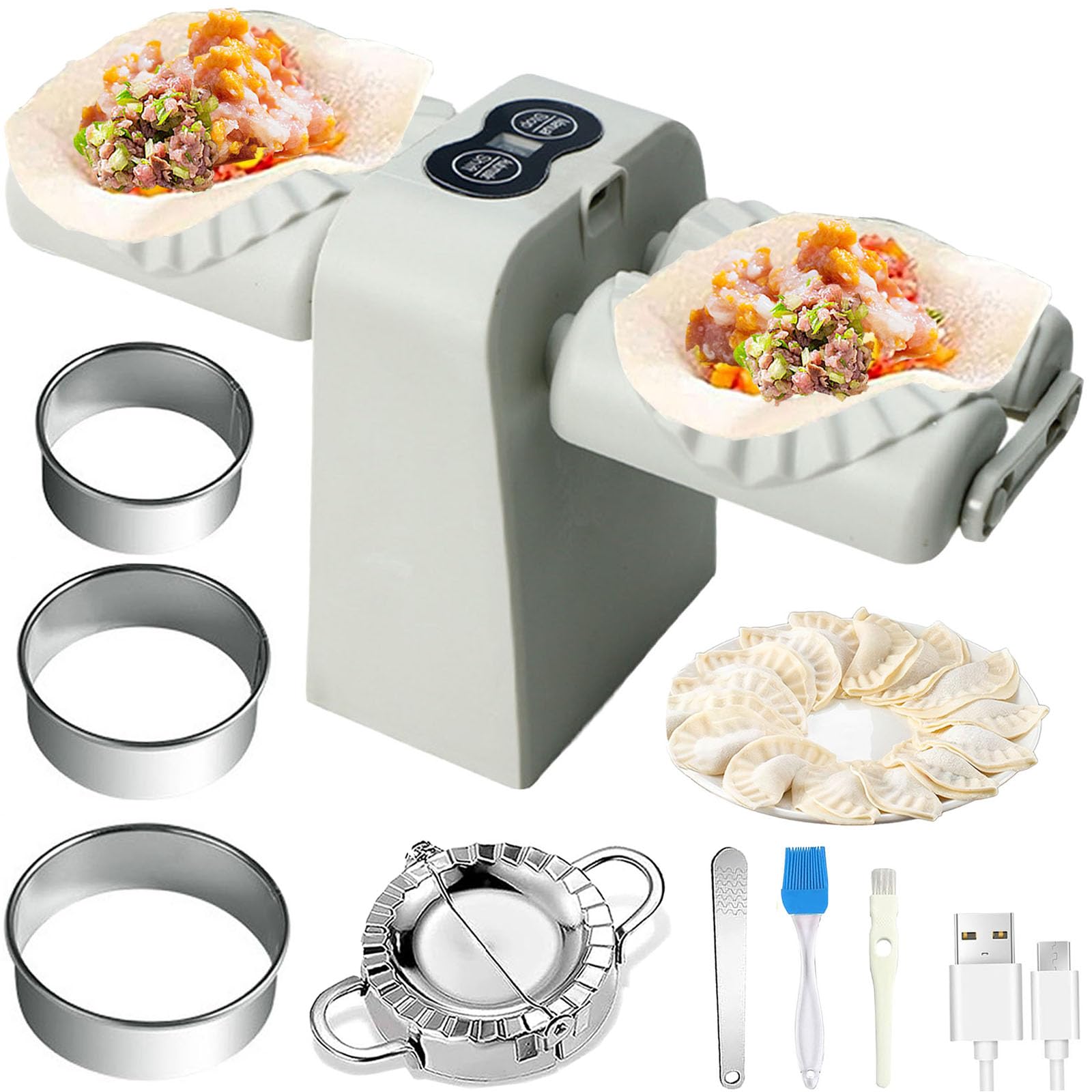 Electric Dumpling Maker Machine - Automatic Double Head Dumpling Maker with 2 Modes, Rechargeable Battery, Includes Empanada Maker, Dough Cutters, Spoon & Brush - Perfect for Home Kitchen, Party Cooking & Asian Cuisine Preparation