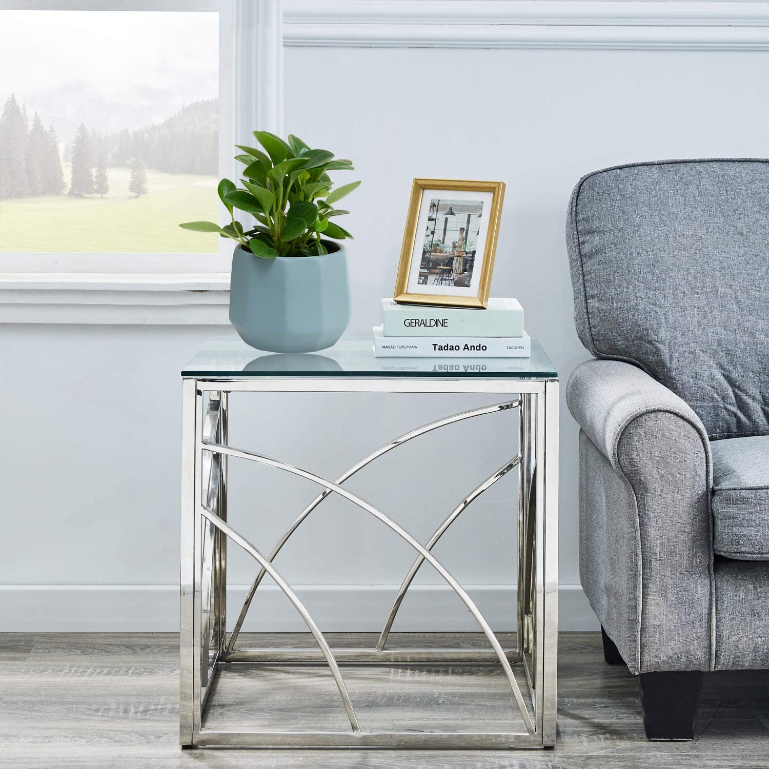 Minimalist Square Glass End Table - Silver Modern 21.45