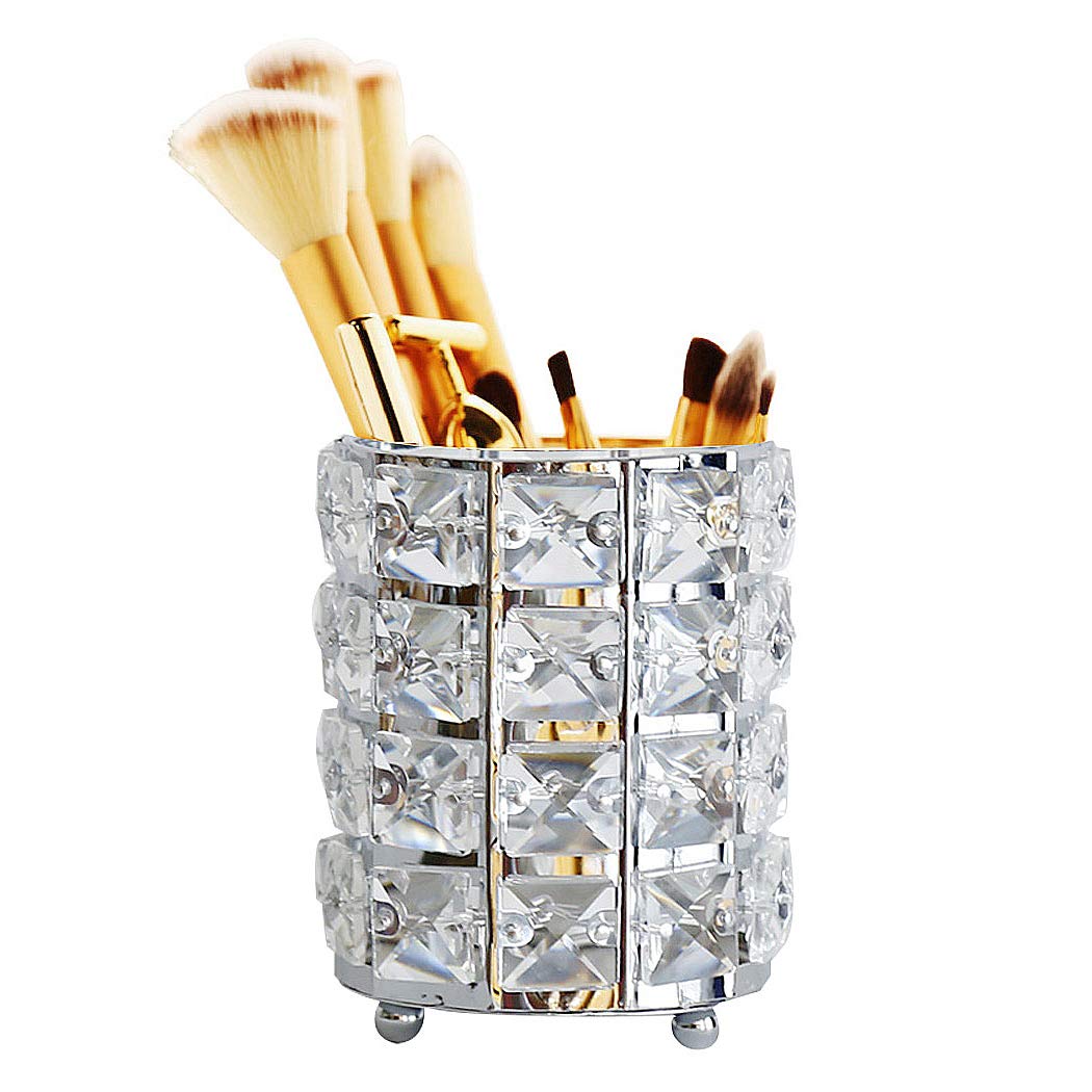 Handmade Crystal Makeup Brush Holder & Eyebrow Pencil Organizer - Elegant Cosmetic Storage for Vanity, Bathroom, Office Desk (Silver) | Perfect for Makeup Artists & Beauty Enthusiasts