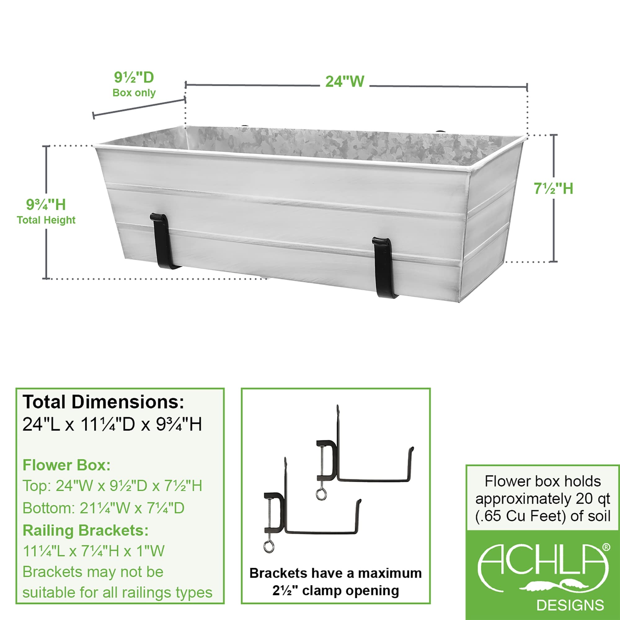 Achla Designs Medium White Flower Box with Clamp-On Brackets - Perfect for Window Sill, Balcony & Garden Decor - Rustproof Planter for Indoor & Outdoor Plants