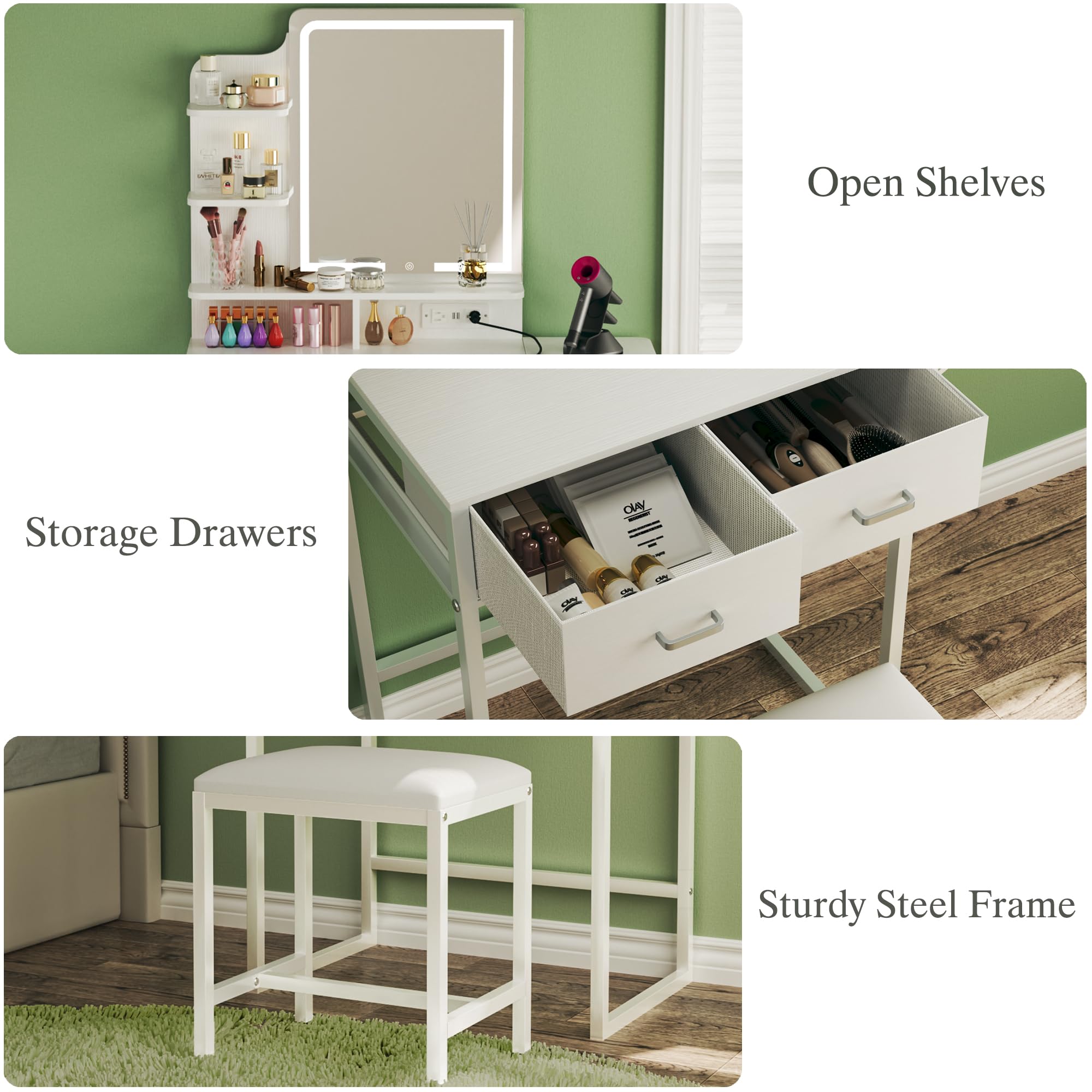 White Makeup Vanity Desk with LED Lights & Mirror - Small Dressing Table with Fabric Storage Drawer, Chair & Shelves - Fold-Up Panel & Power Outlet - Perfect for Bedroom, Dorm Room or Beauty Salon
