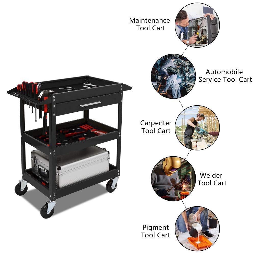 TUFFIOM 3-Tier Heavy Duty Rolling Tool Cart with Drawer & Wheels - 330 LBS Capacity Industrial Utility Cart with 2 Brakes - Perfect Tool Organizer for Mechanics, Garage, Warehouse & Repair Shop - Ideal for Automotive, DIY Projects & Workshop Organization
